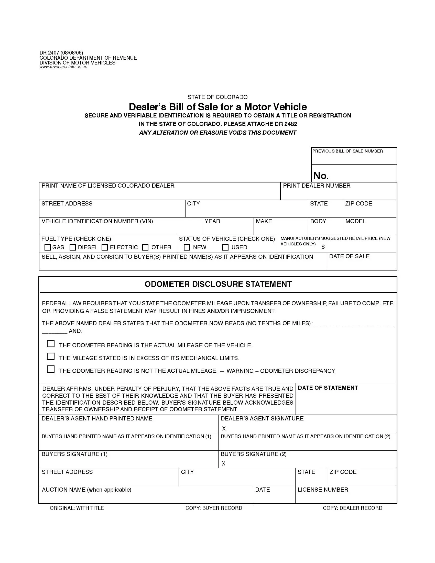 (Vehicle) Form DR 2407