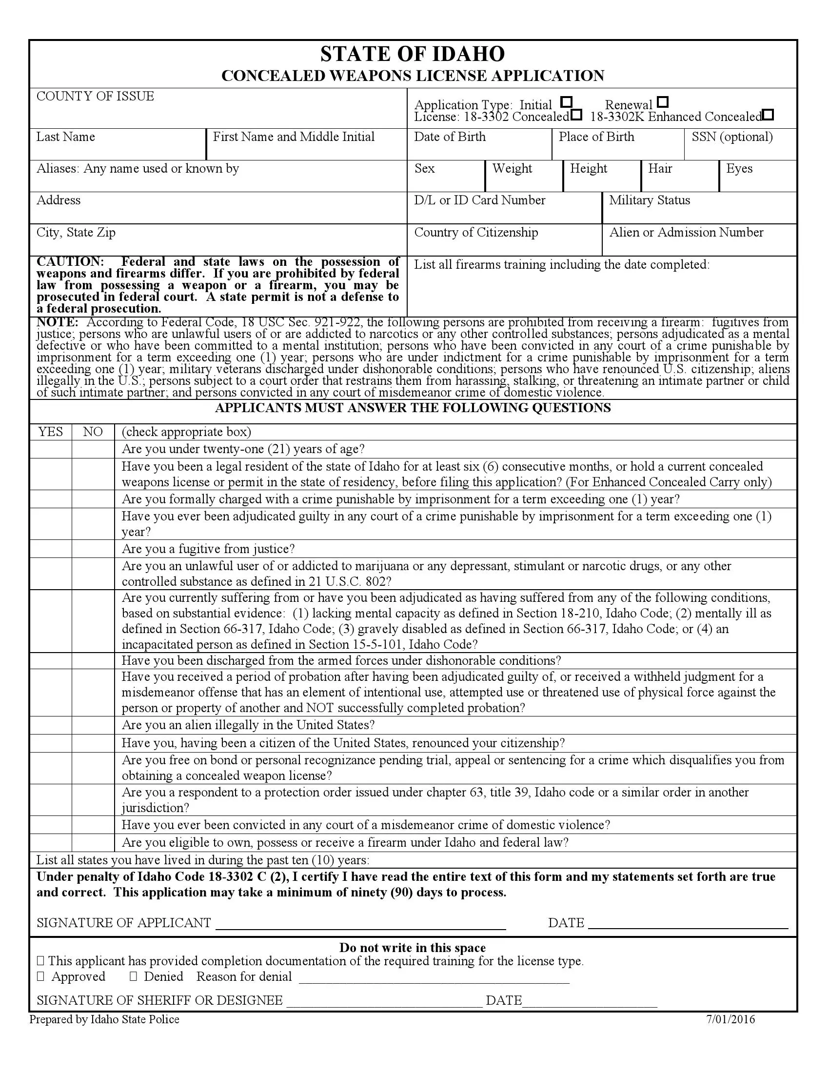 (Firearm) Concealed Weapons License Application