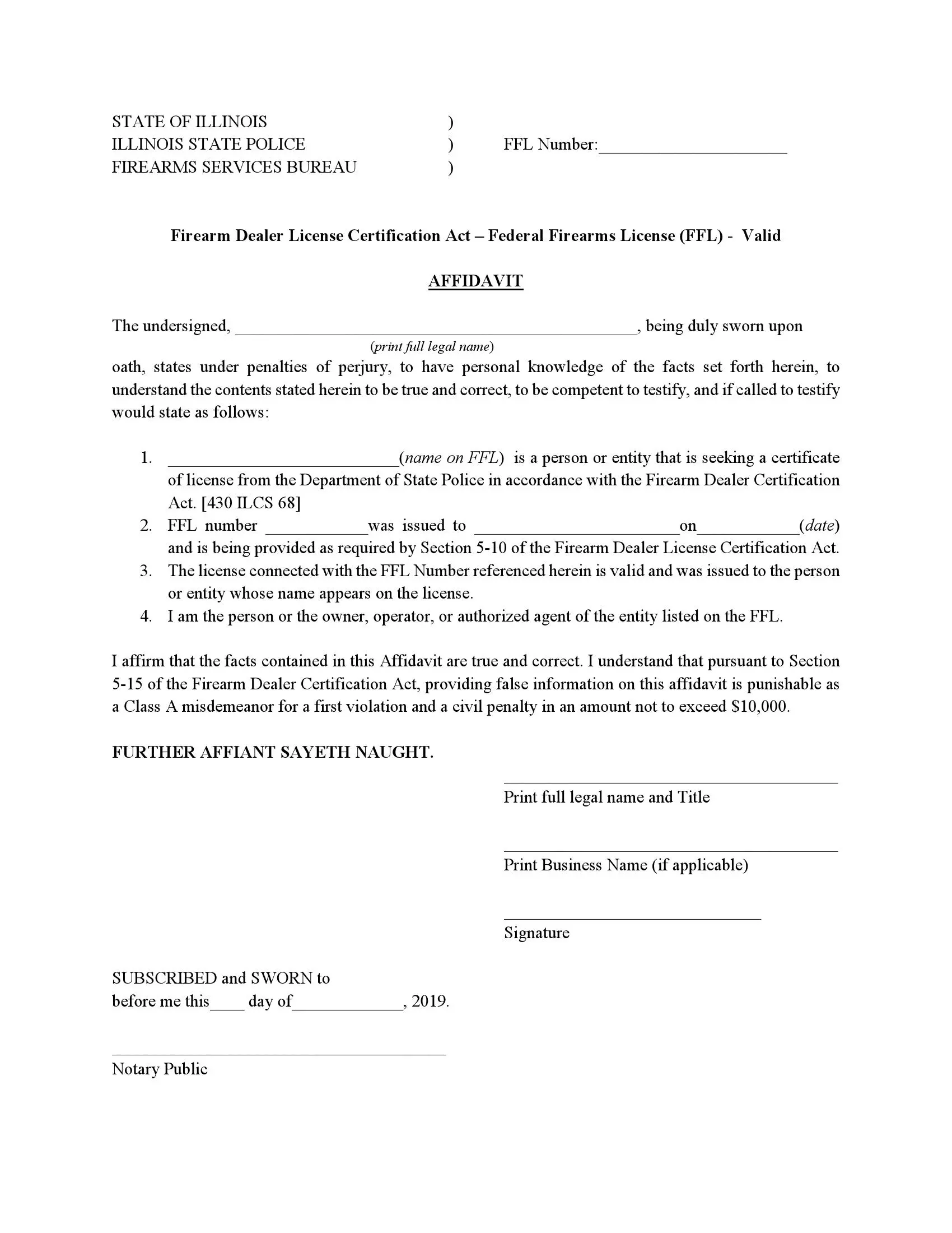 (Firearm) FFL License Affidavit