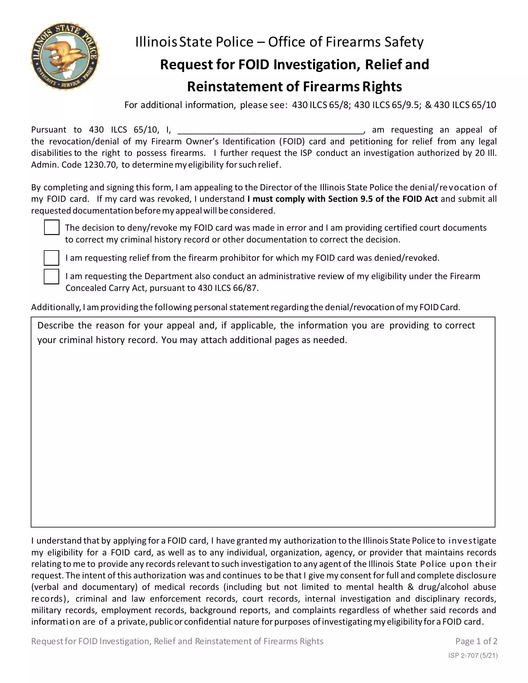 (Firearm) Request Form 2-707