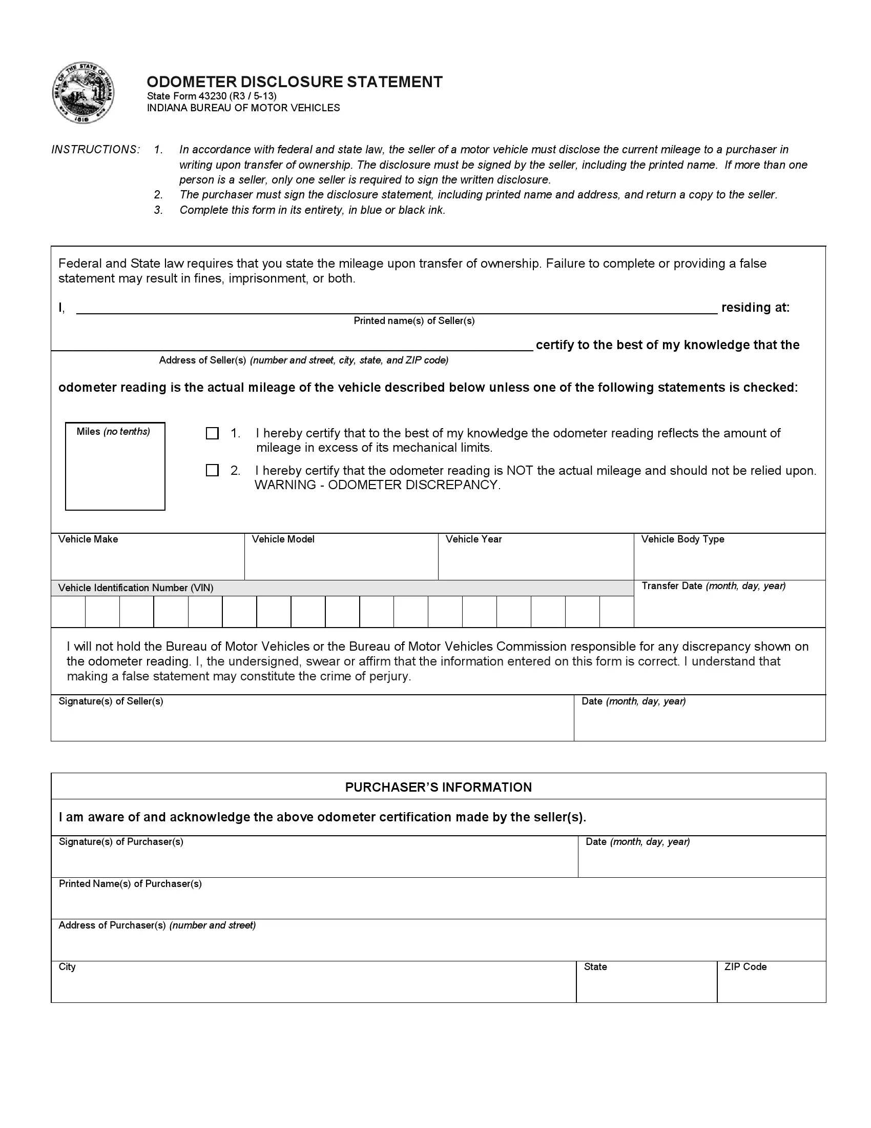 (Vehicle) Form 43230 - Odometer Disclosure