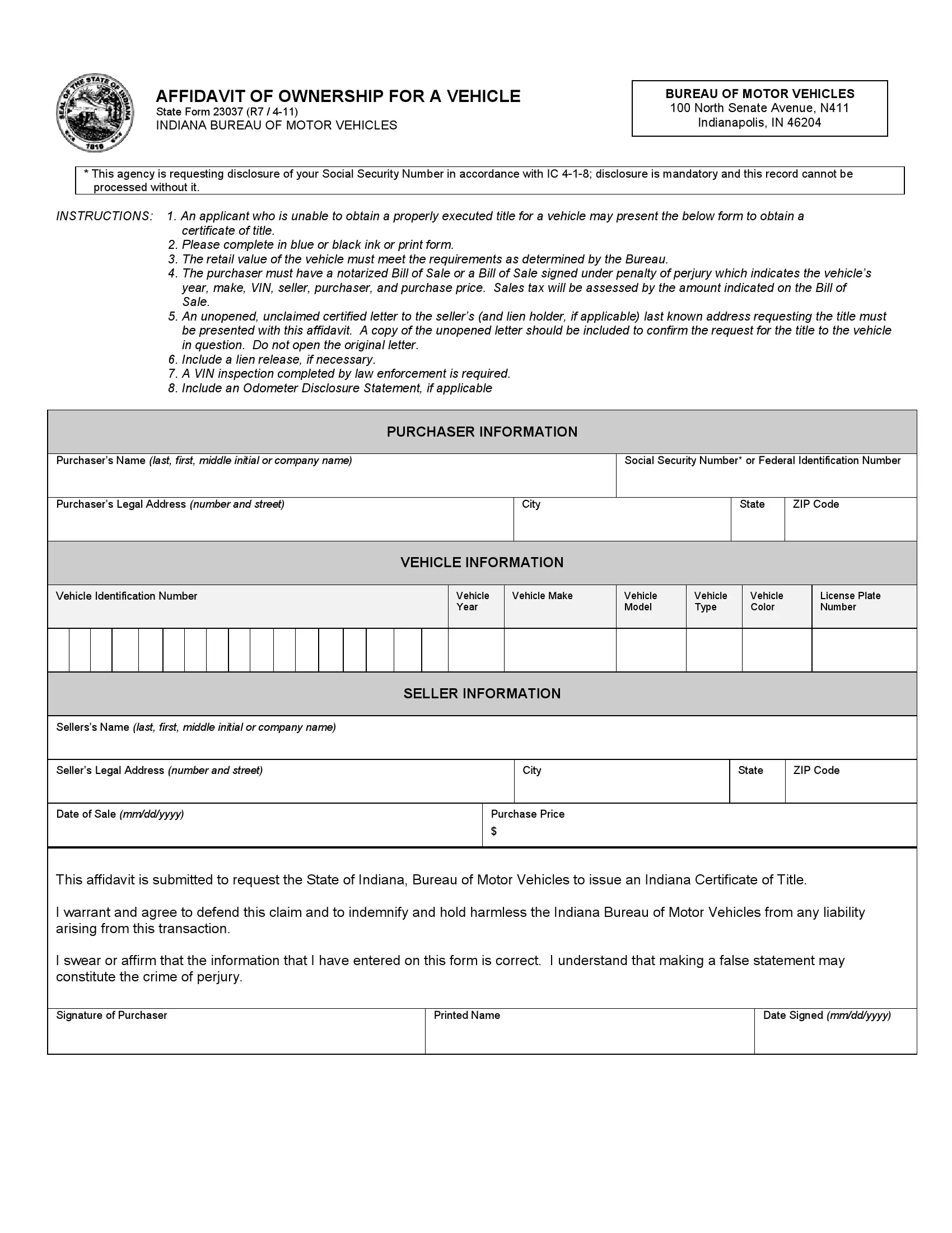 (Vehicle) Form 23307 - Ownership Affidavit