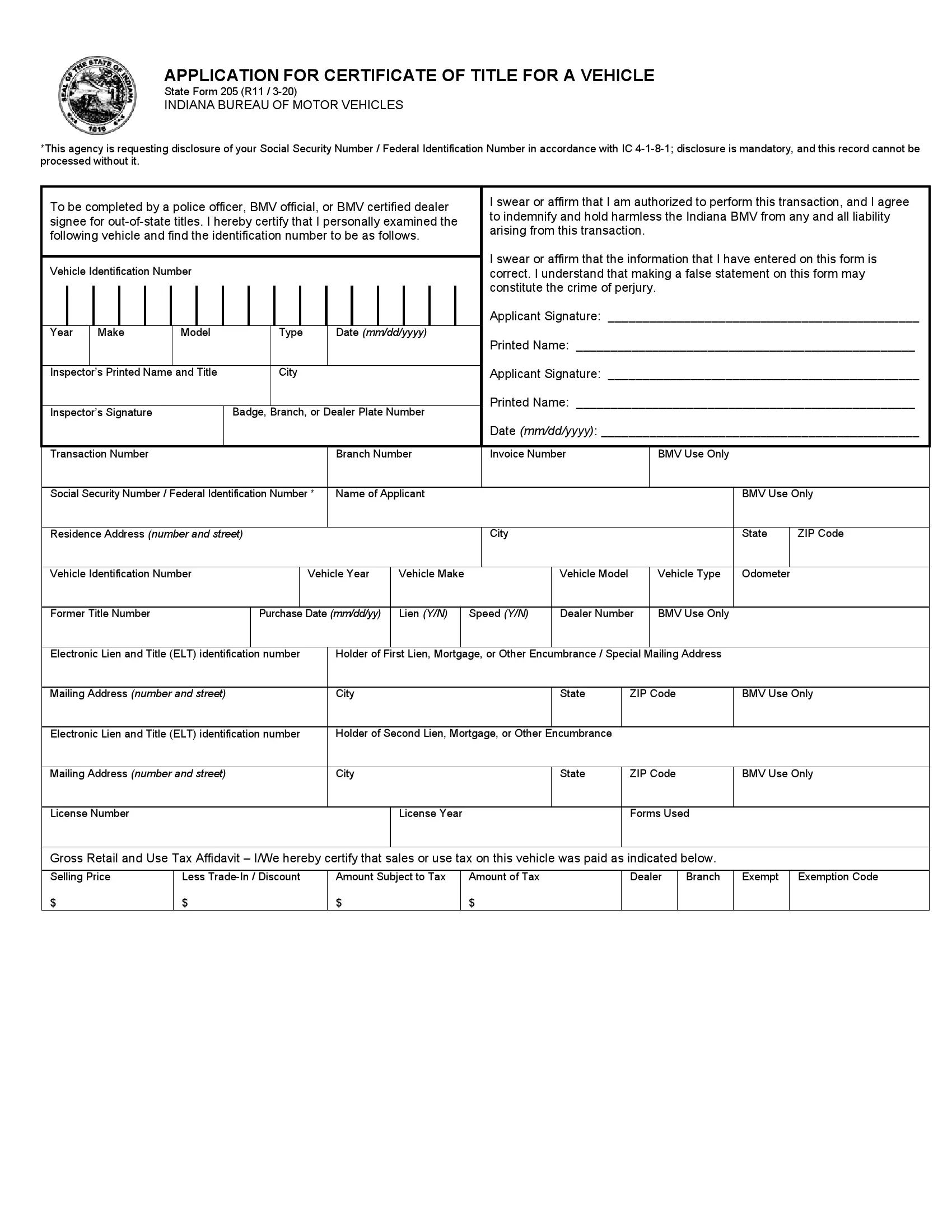 (Vehicle) Form 205 - Title Application