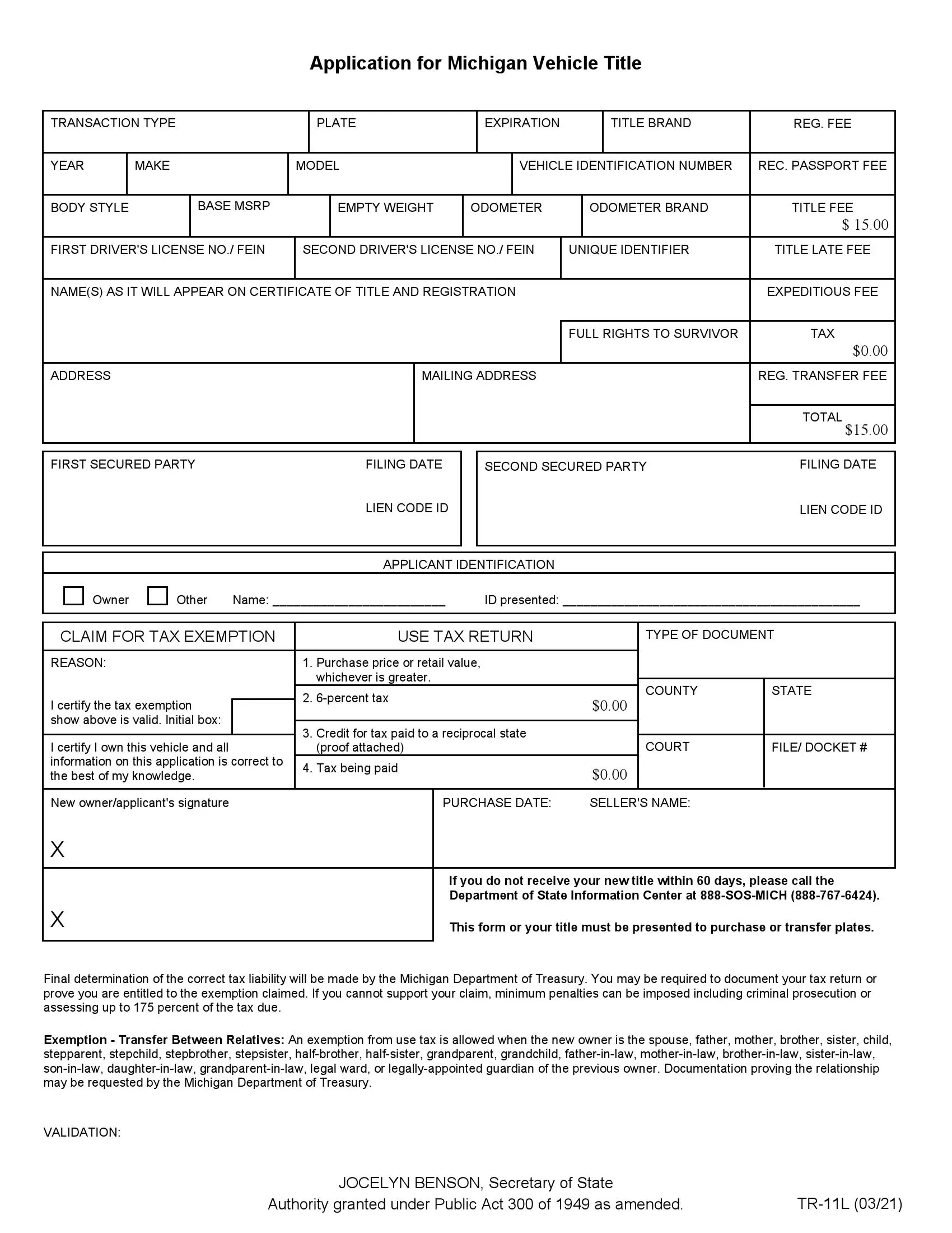 Application for Michigan Vehicle Title (TR-11L)