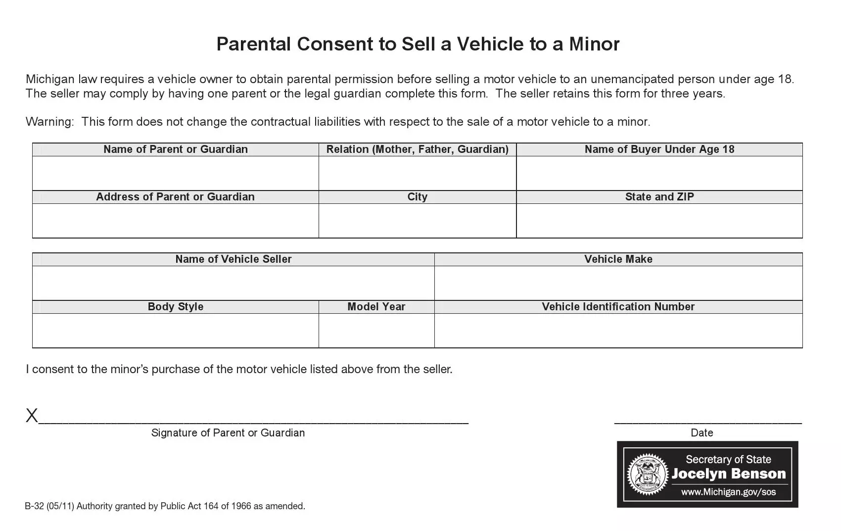 (Vehicle) Parental Consent to Sell a Vehicle to a Minor (B-32)