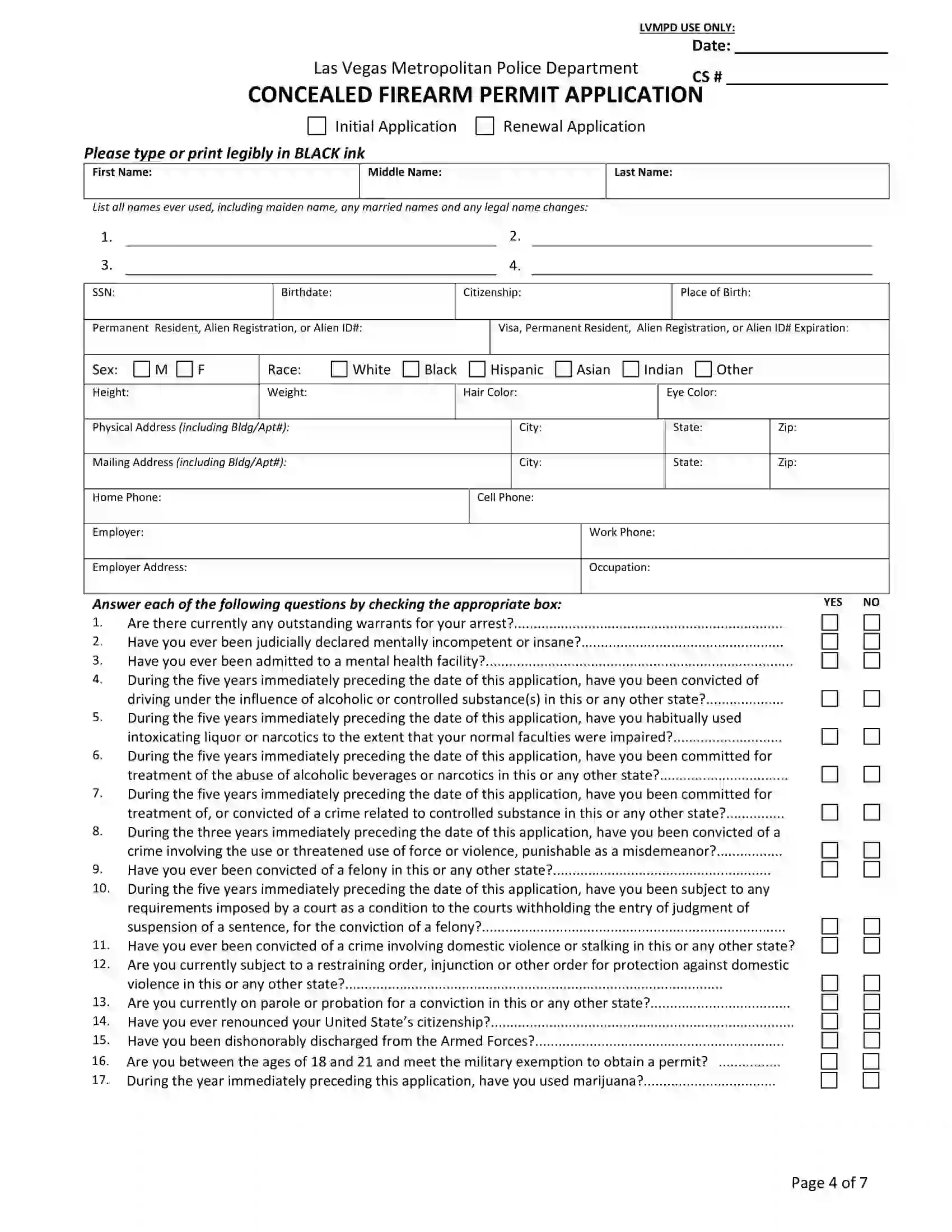 Concealed Firearm Permit Application