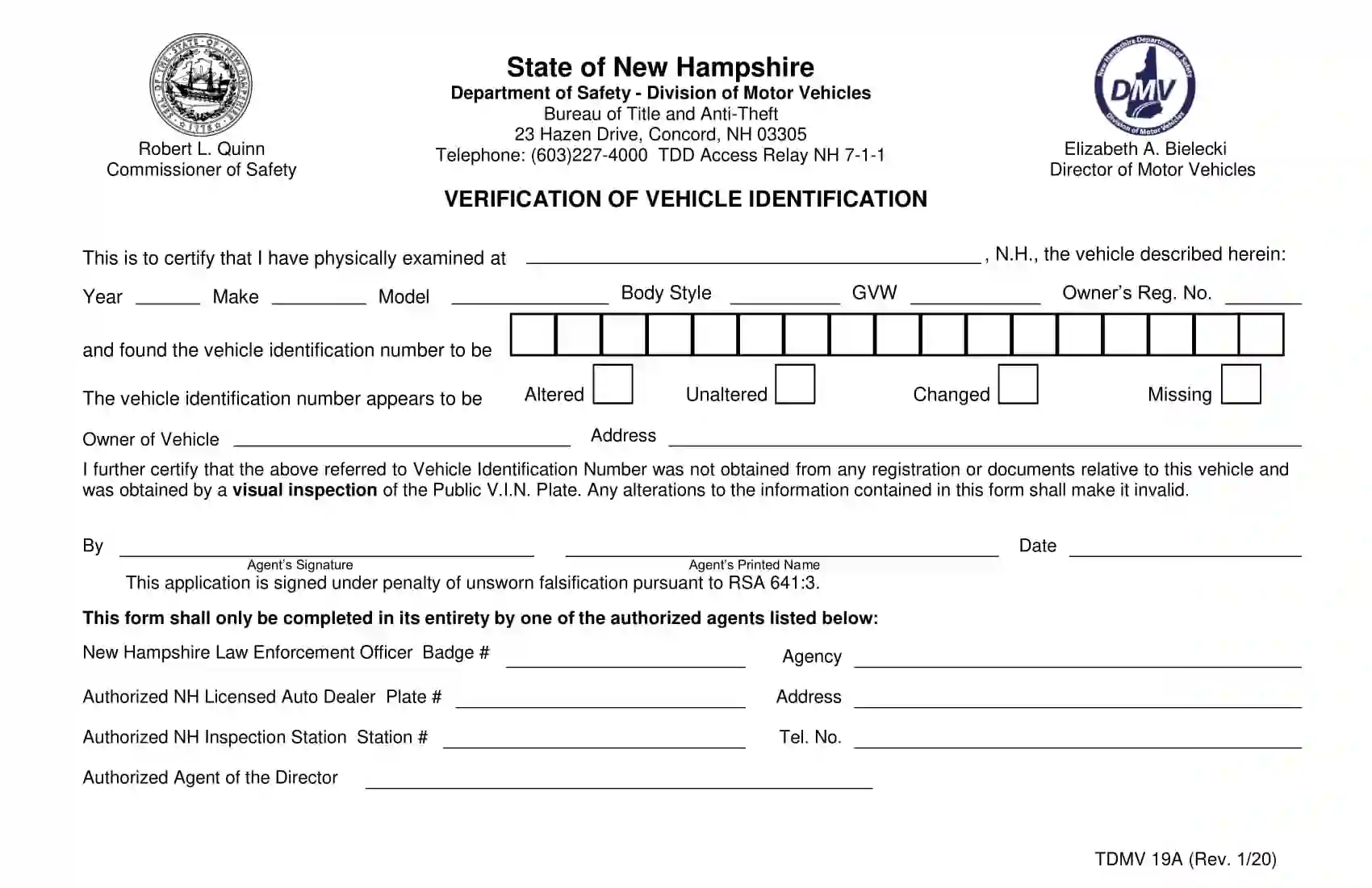 (Vehicle) Form TDMV 19A