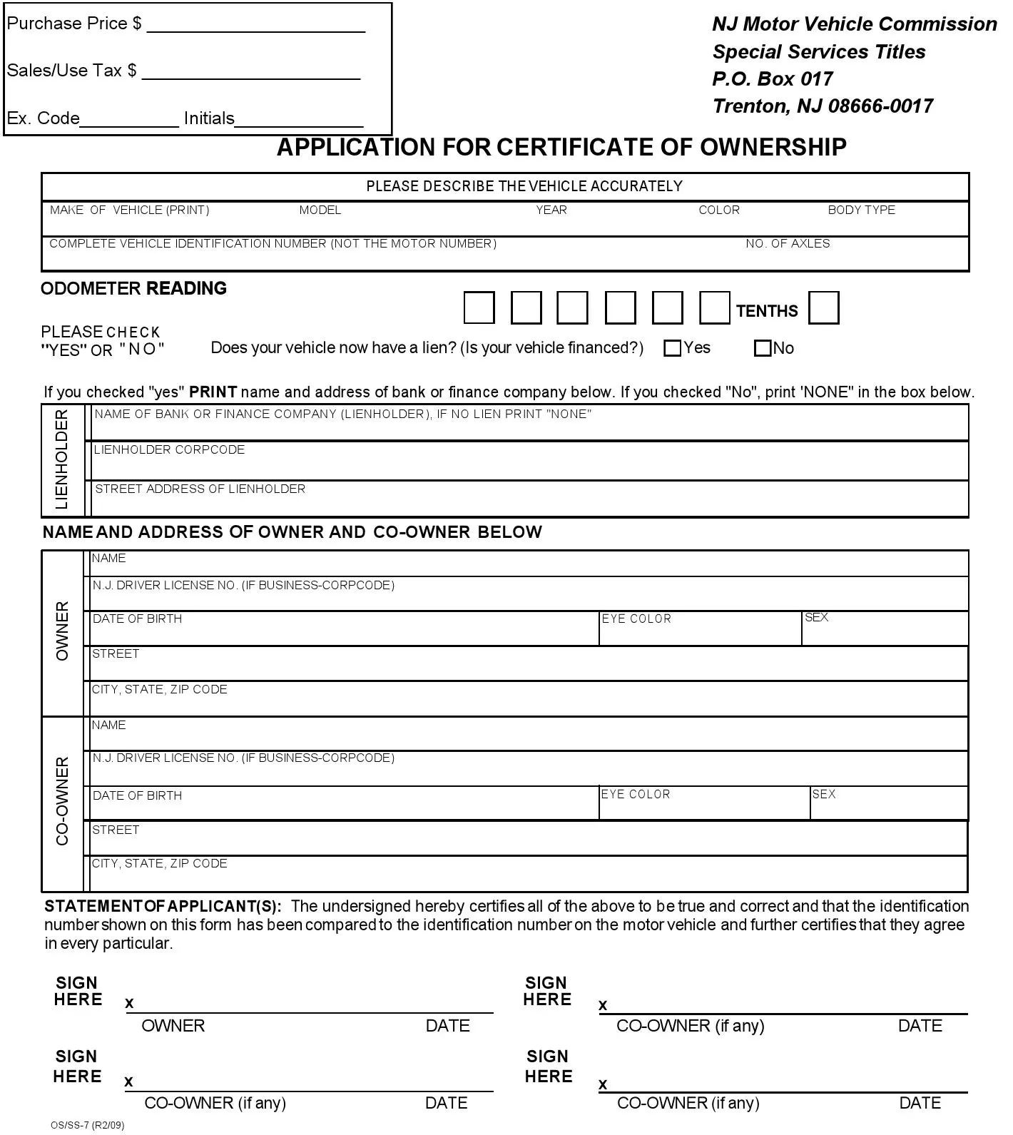 (Vehicle) Application for Certificate of Ownership