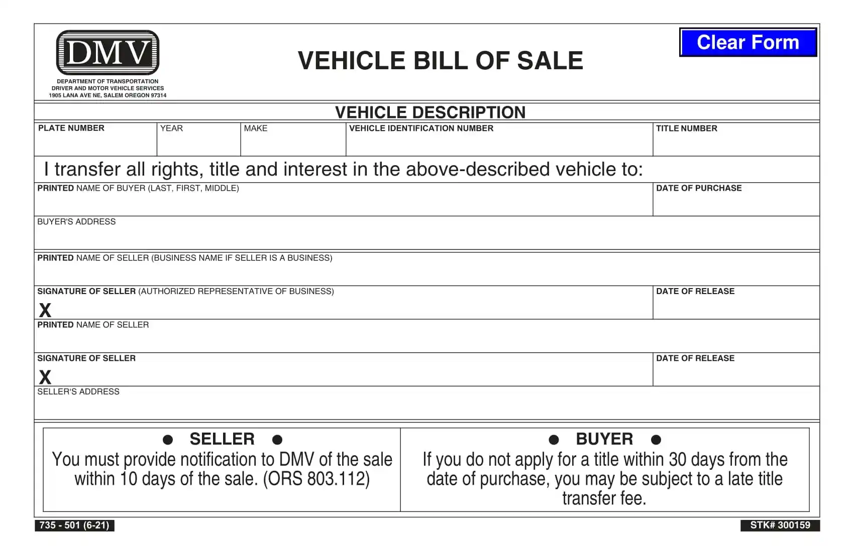 (Vehicle) Form 735-501