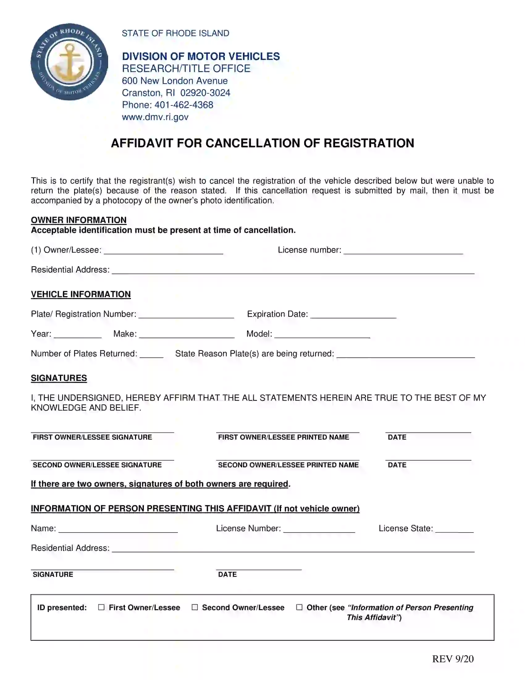 (Vehicle) Affidavit for Cancellation of Registration