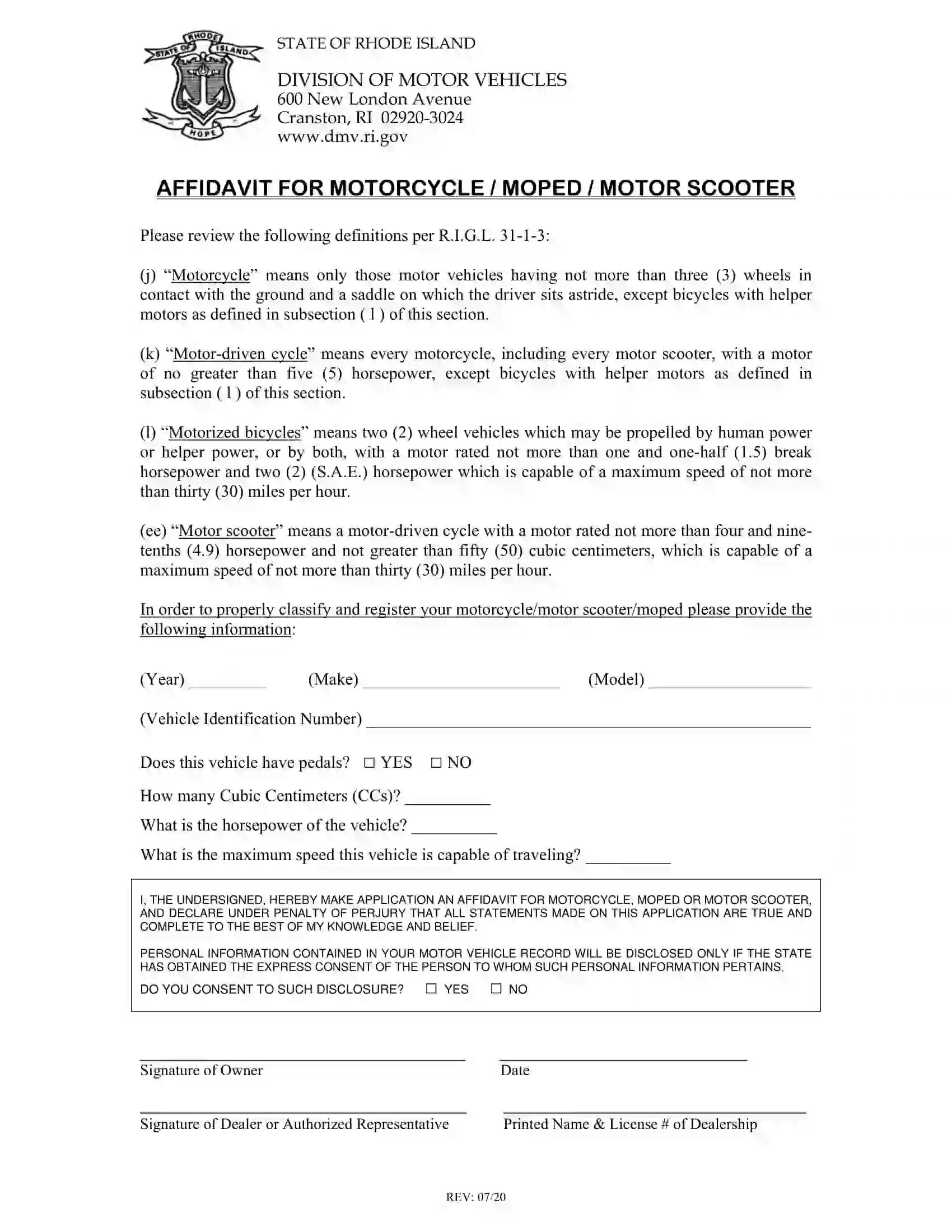 (Vehicle) Affidavit for Motorcycle, Moped, and Motor Scooter