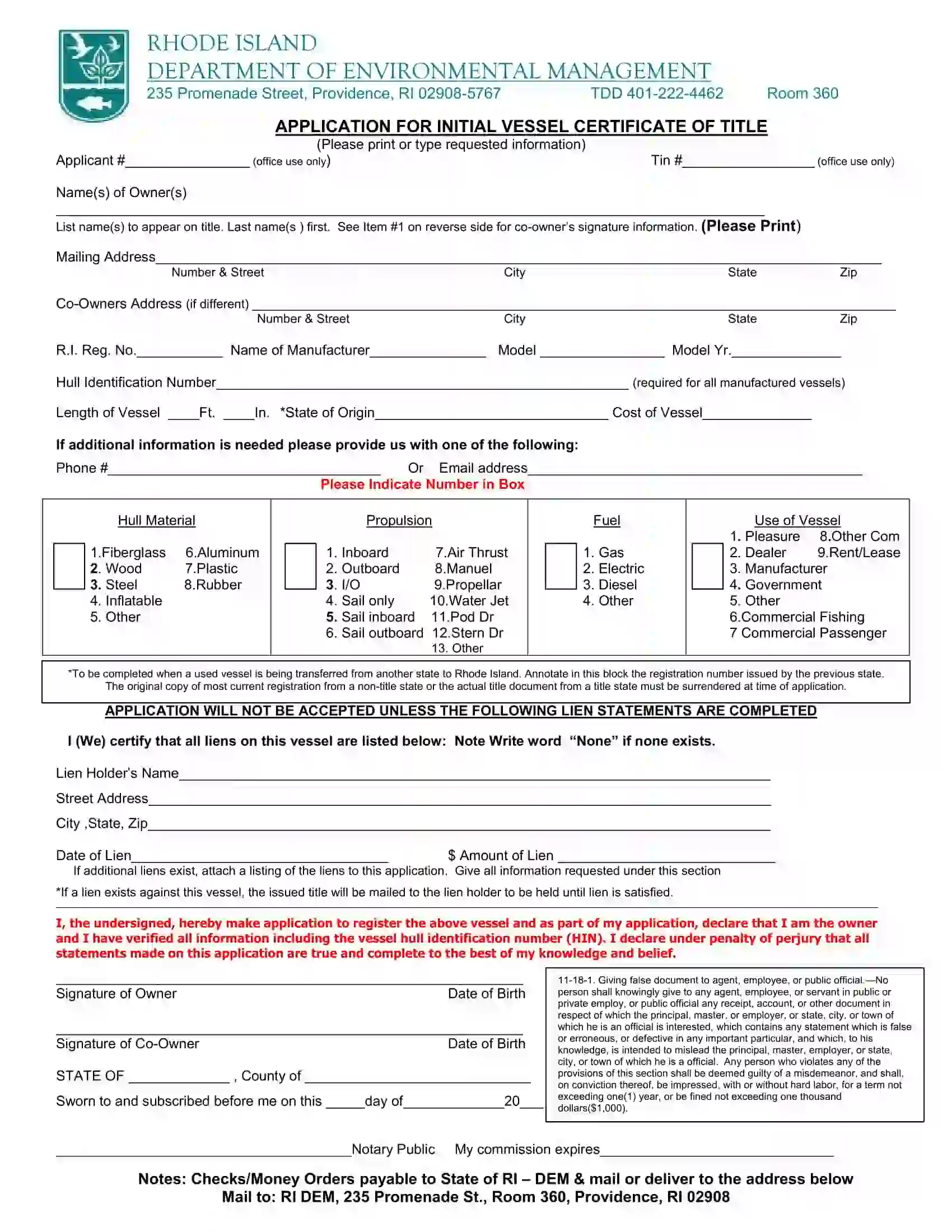 (Vessel) Application for Initial Vessel Certificate of Title