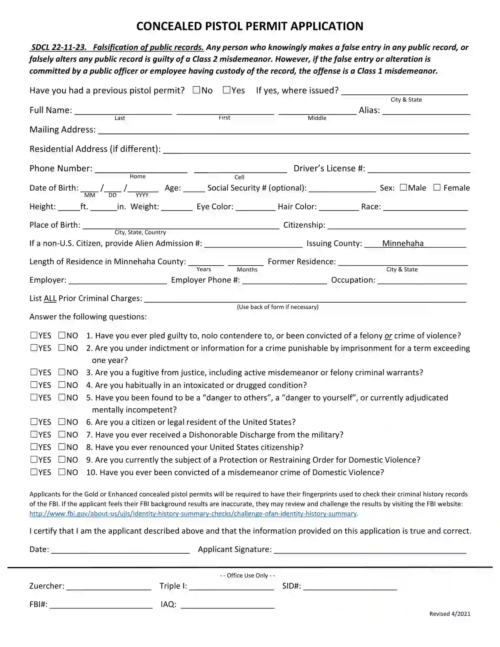 Concealed Pistol Permit Application