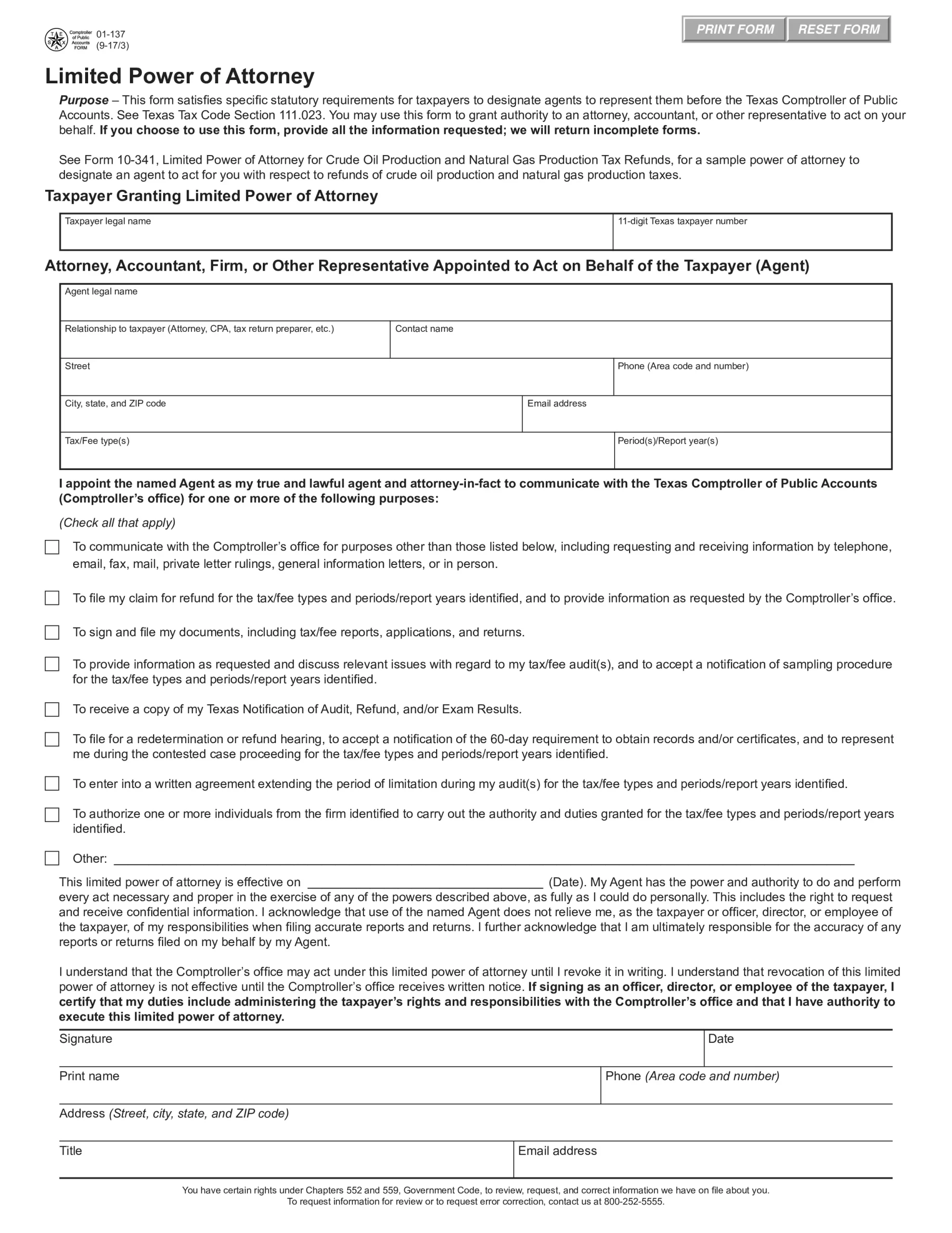 texas tax POA form 01 137 preview