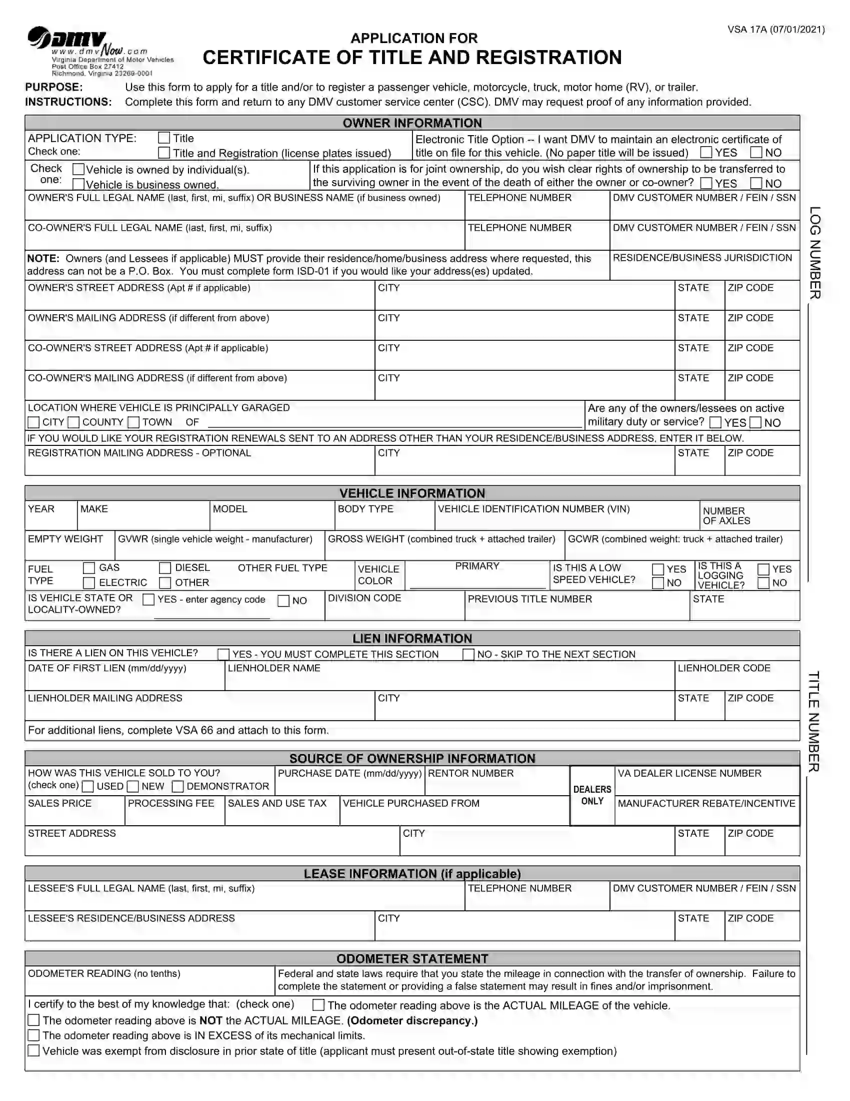 (Vehicle) Form VSA 17A
