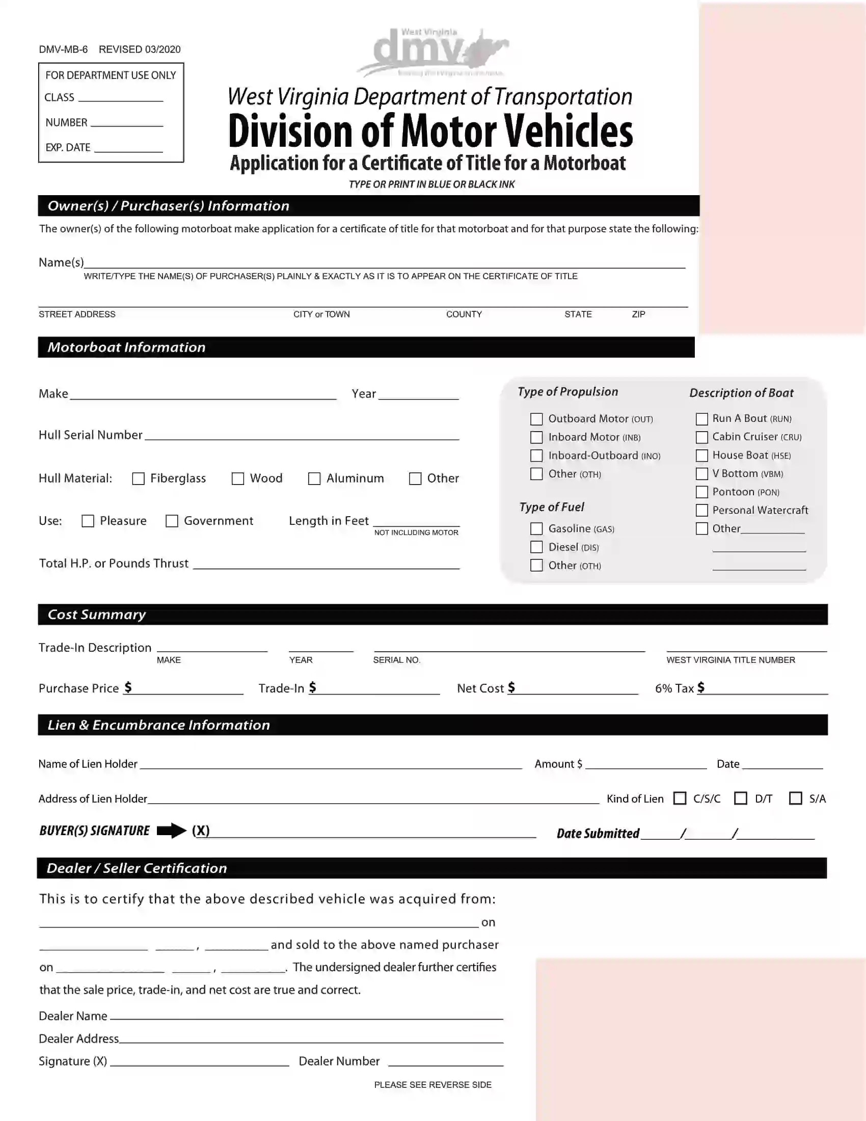 (Vessel) Form DMV-MB-6