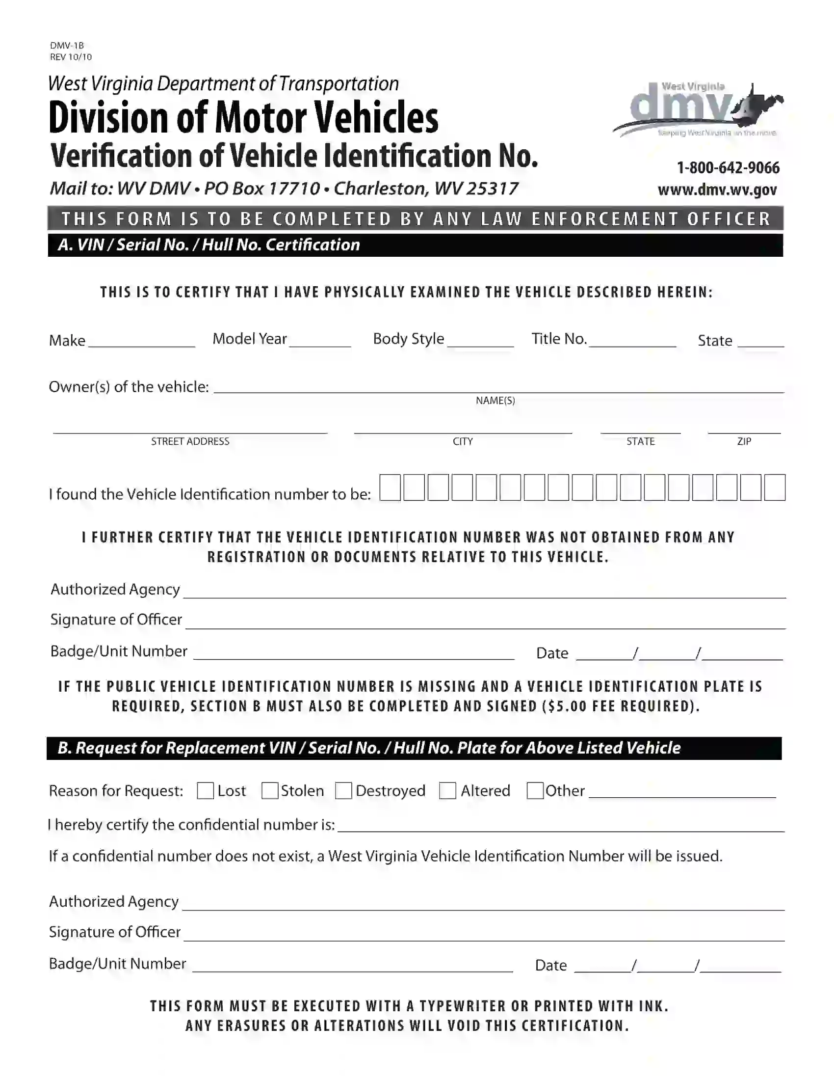 (Vehicle) Form DMV-1B