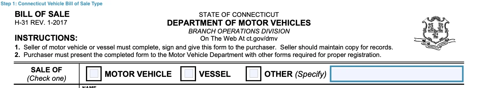 Section to select the type of vehicle of bill of sale for vehicle for Connecticut