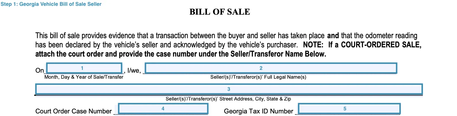 Section for filling out seller's particulars of motor vehicle bill of sale for Georgia