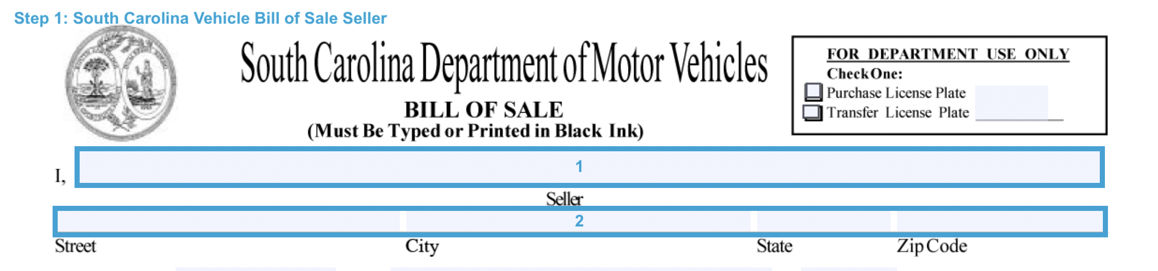 Section for filling out the seller's particulars of a South Carolina bill of sale form for car