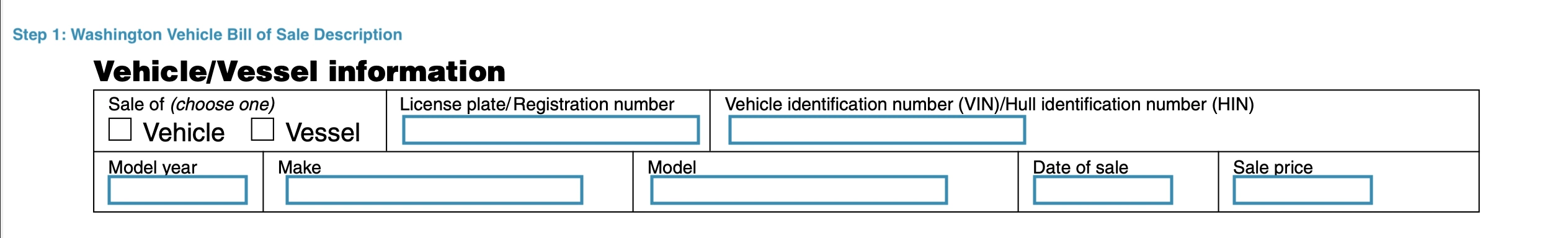 Section for filling out vehicle's particulars of vehicle bill of sale form for Washington