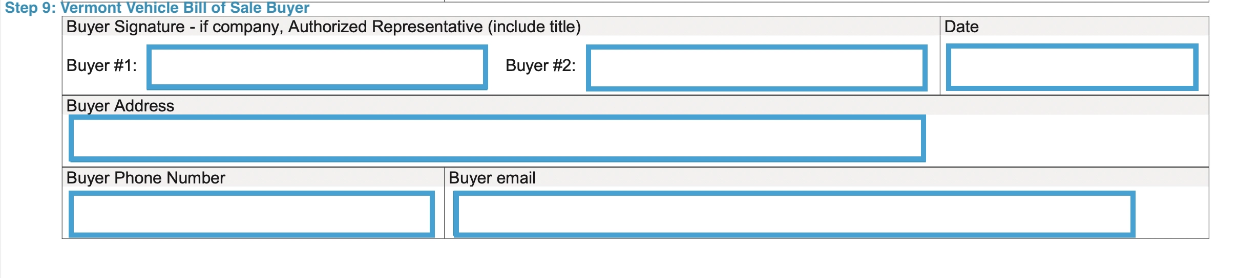 Step 9 to filling out a vermont vehicle bill of sale template buyer
