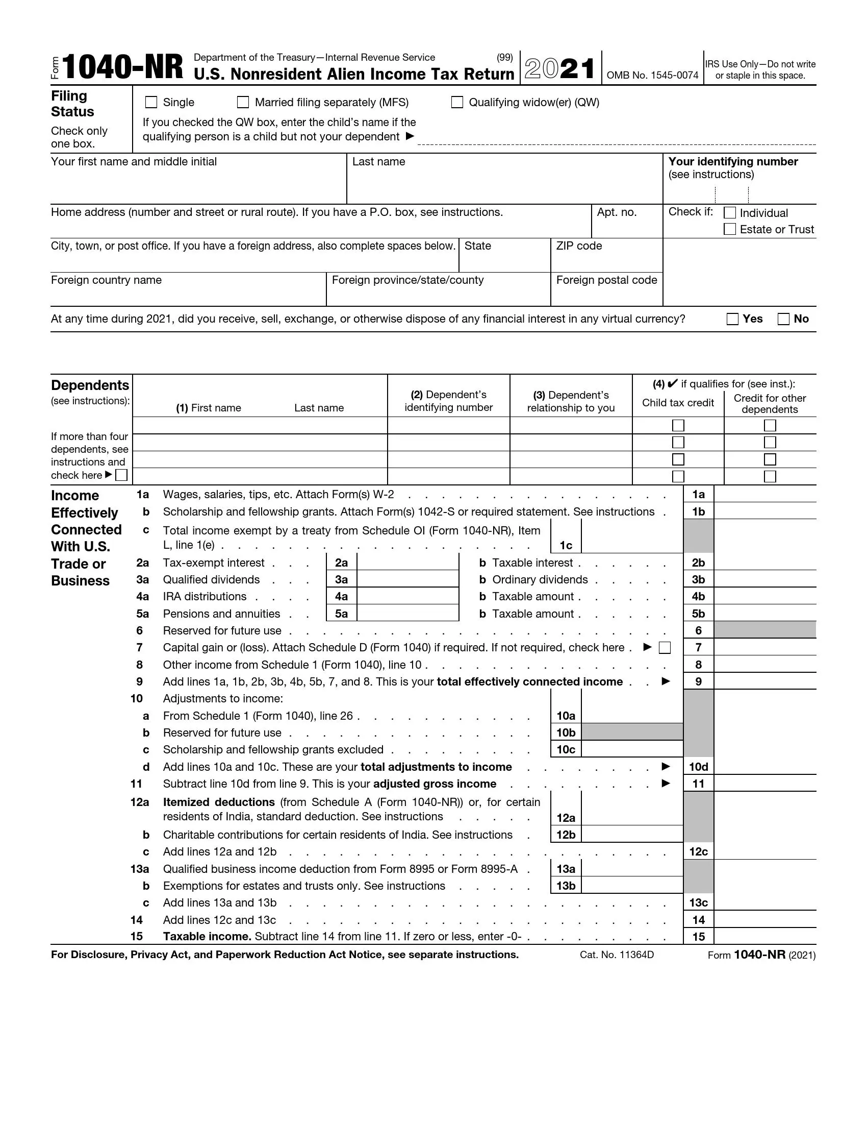 irs form 1040-nr 2021 preview