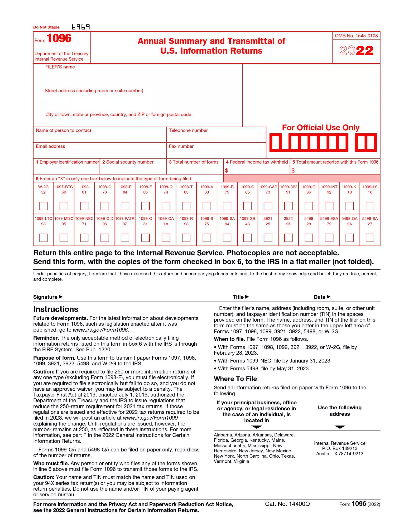 irs form 1096 2022 preview