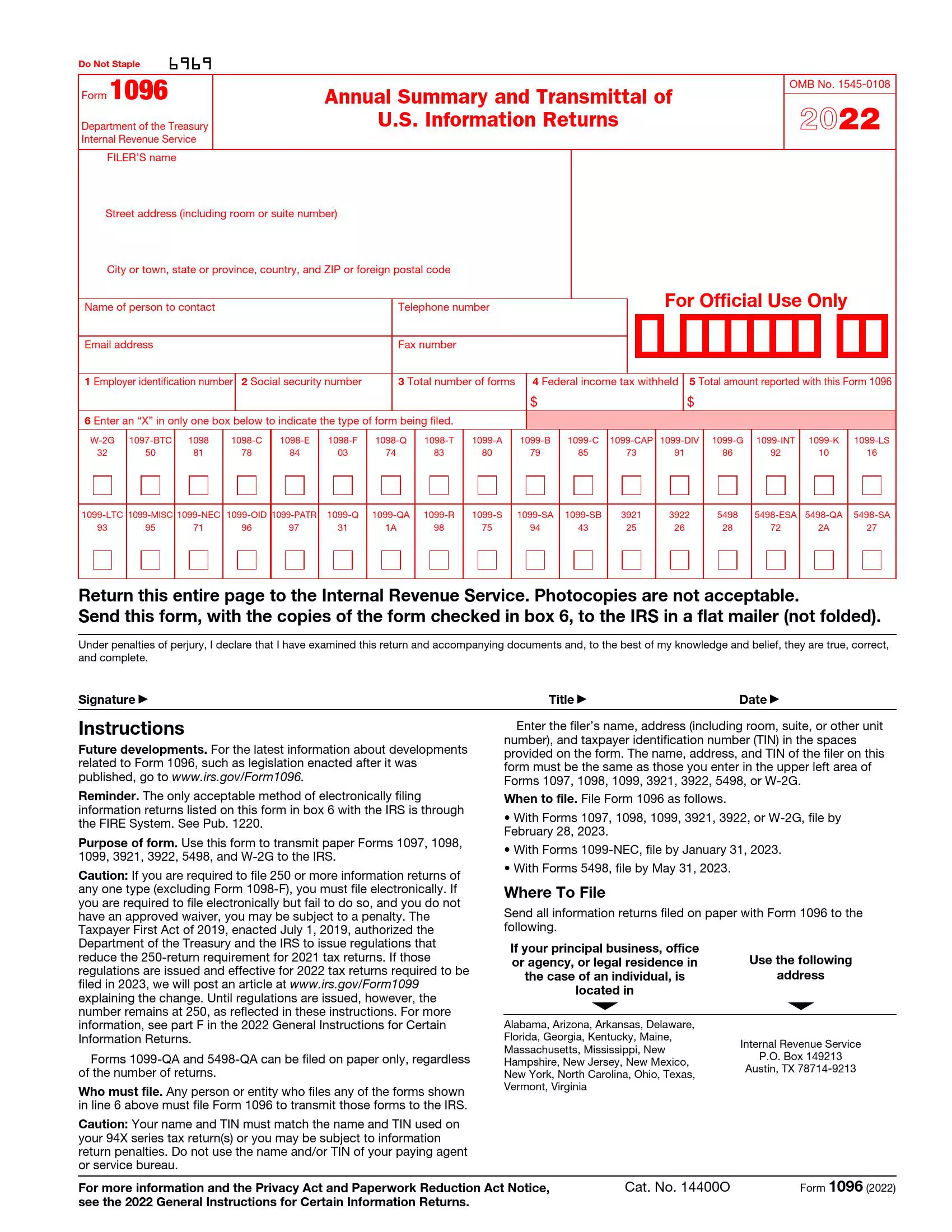 IRS Form 1096 Fill Out Printable PDF Forms Online