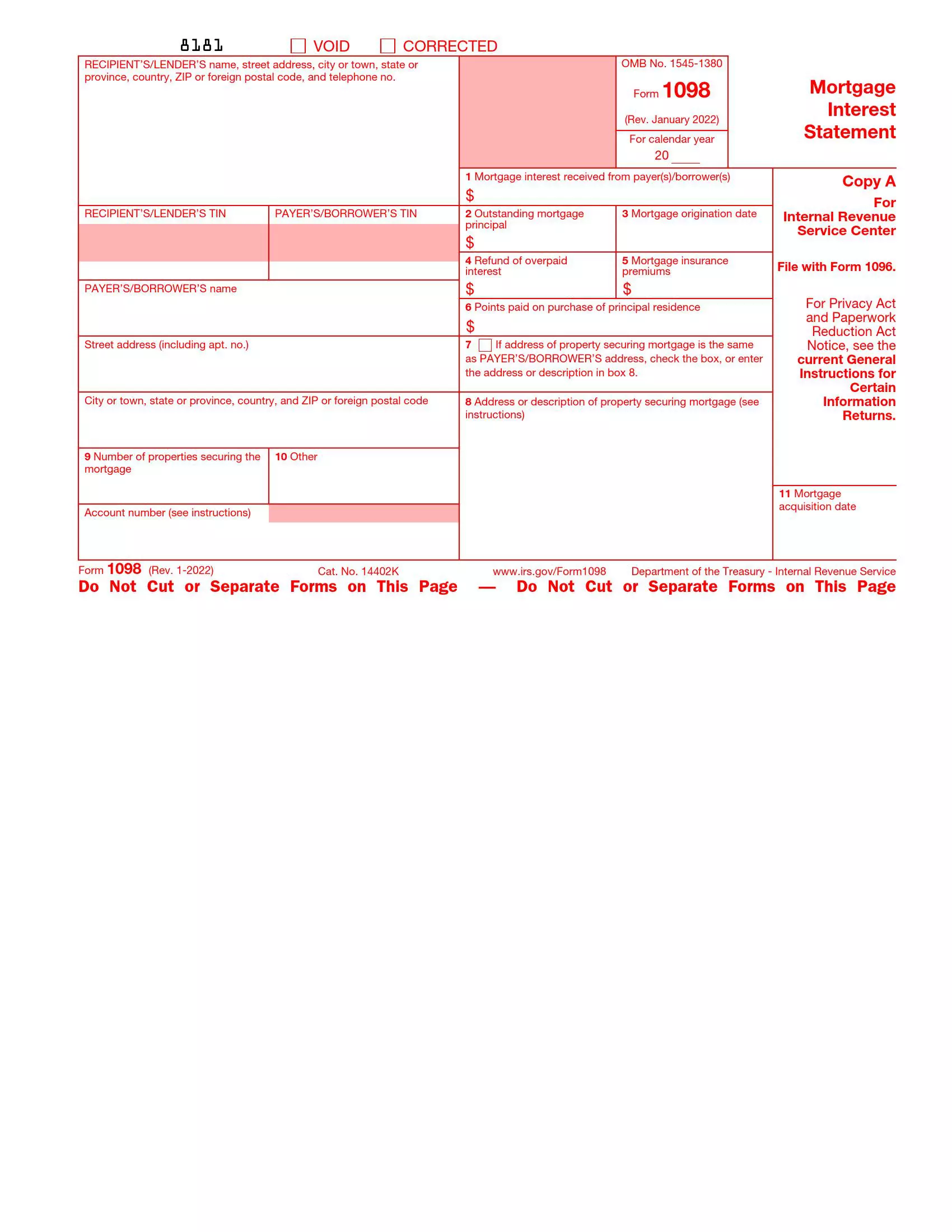 irs form 1098 rev 01 2022 preview