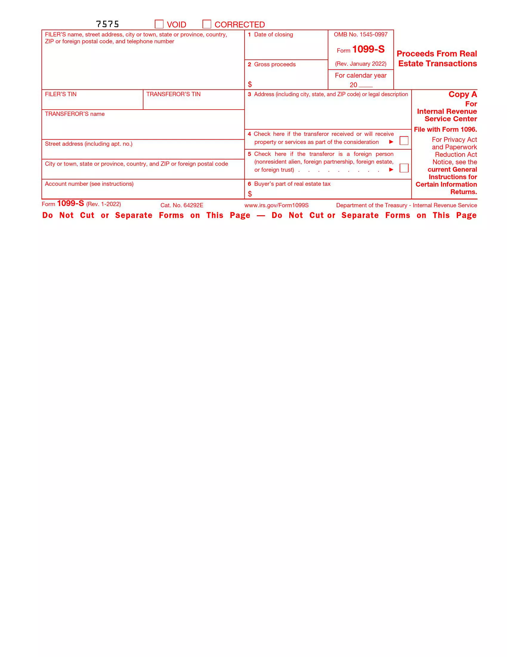 irs form 1099-s rev 01 2022 preview