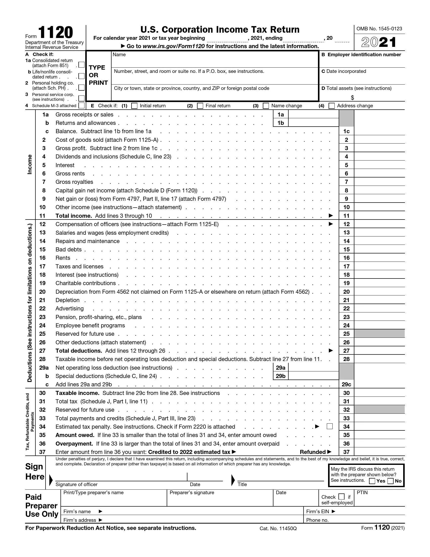 irs form 1120 2021 preview