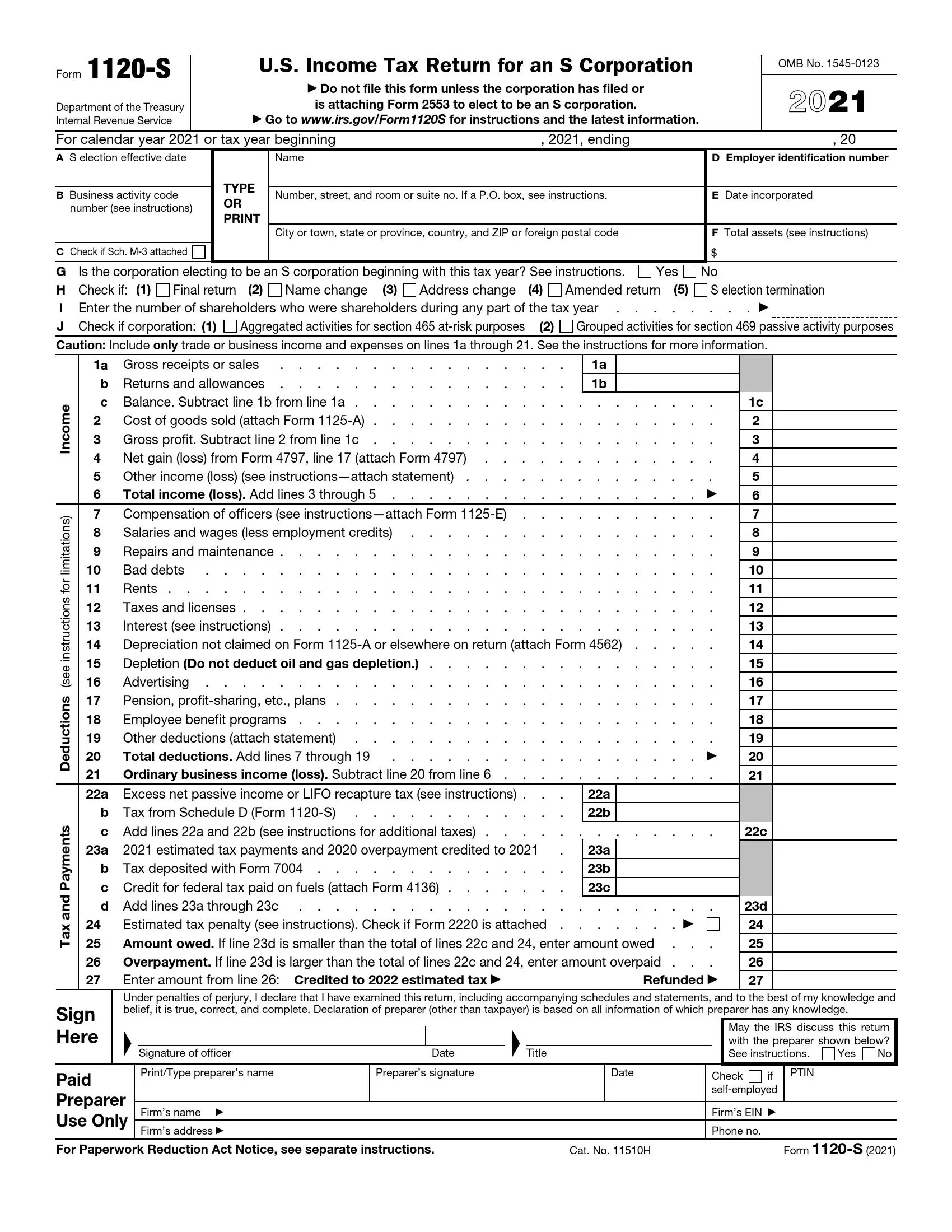 irs form 1120-s 2021 preview