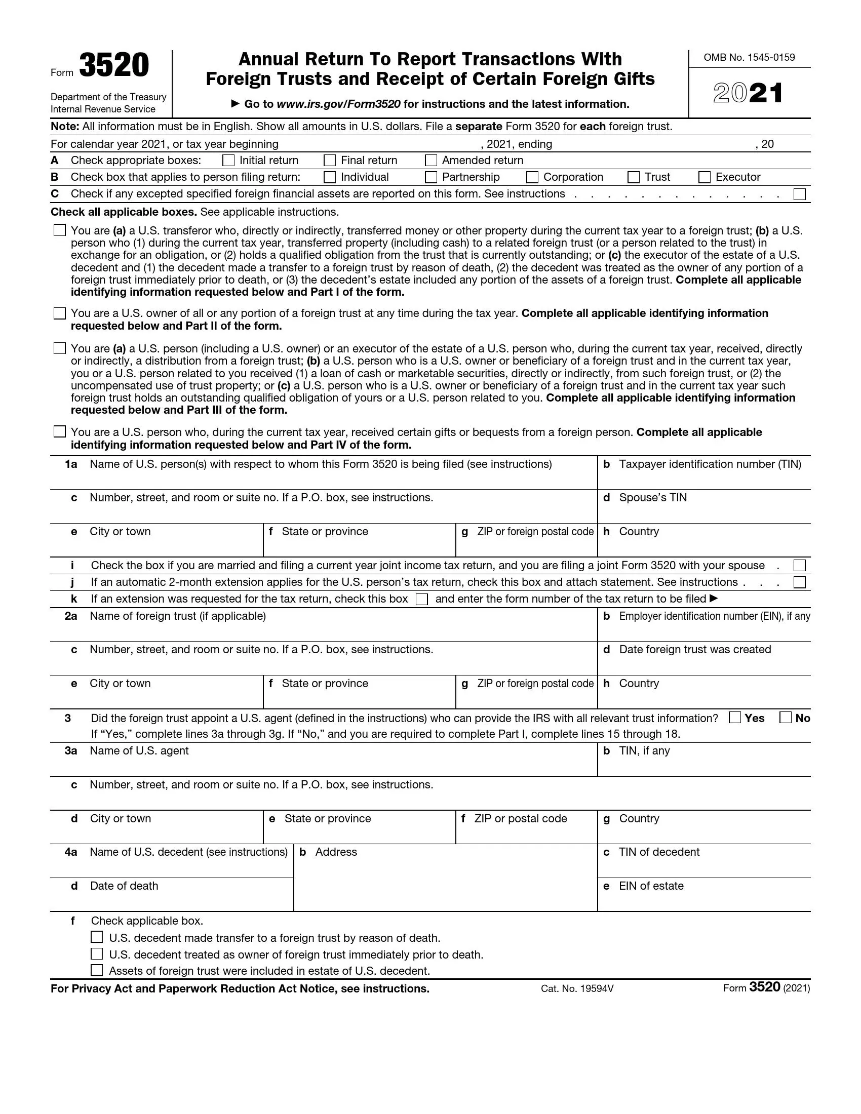 IRS Form 3520 Fill Out Printable PDF Forms Online