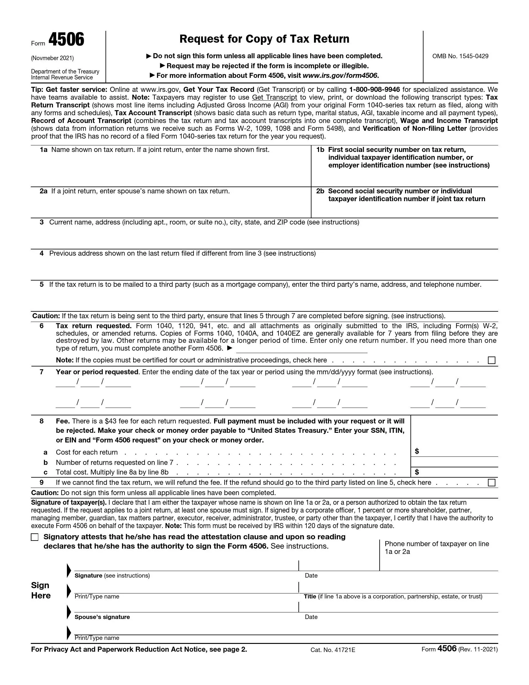 irs form 4506 rev 11 2021 preview