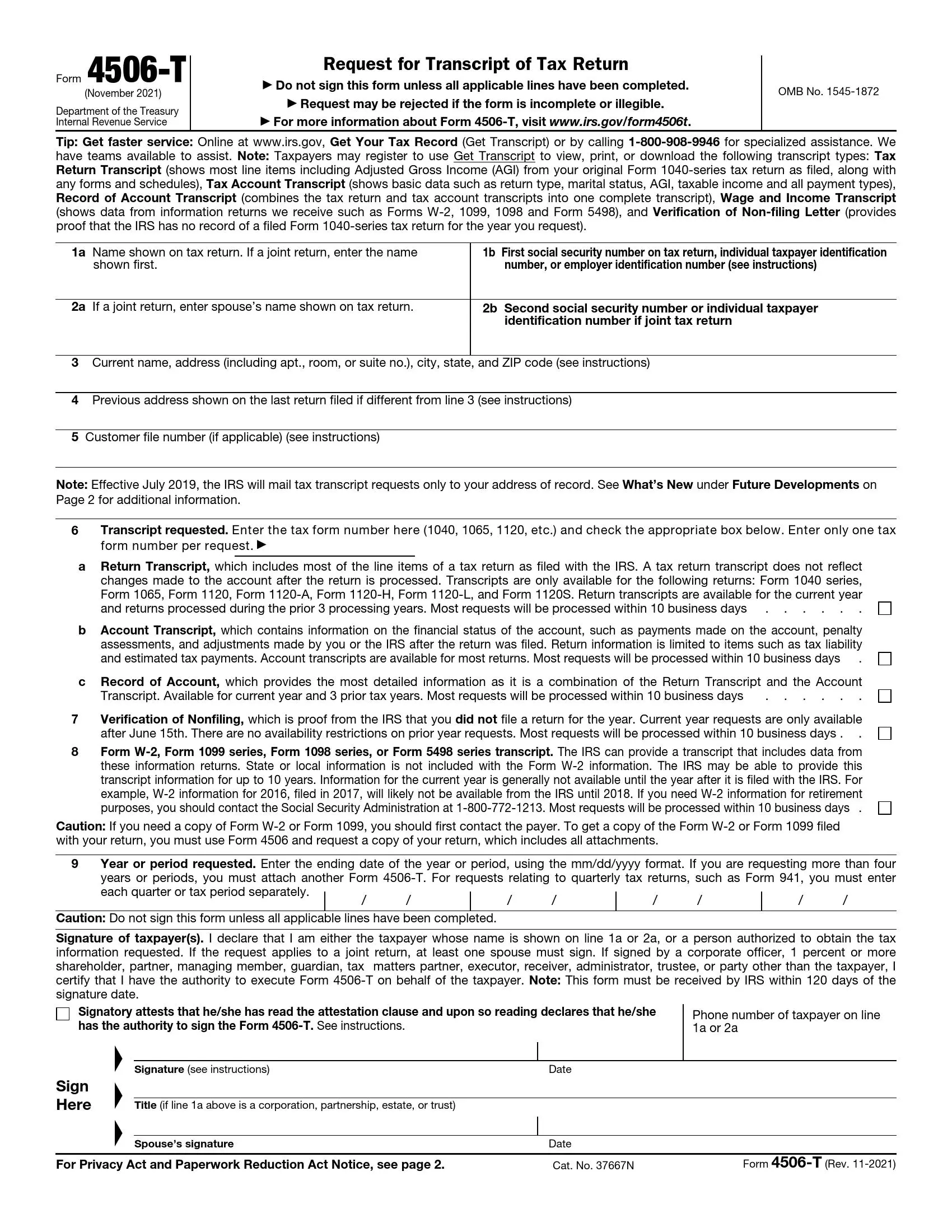 irs form 4506 t rev 11 2021 preview
