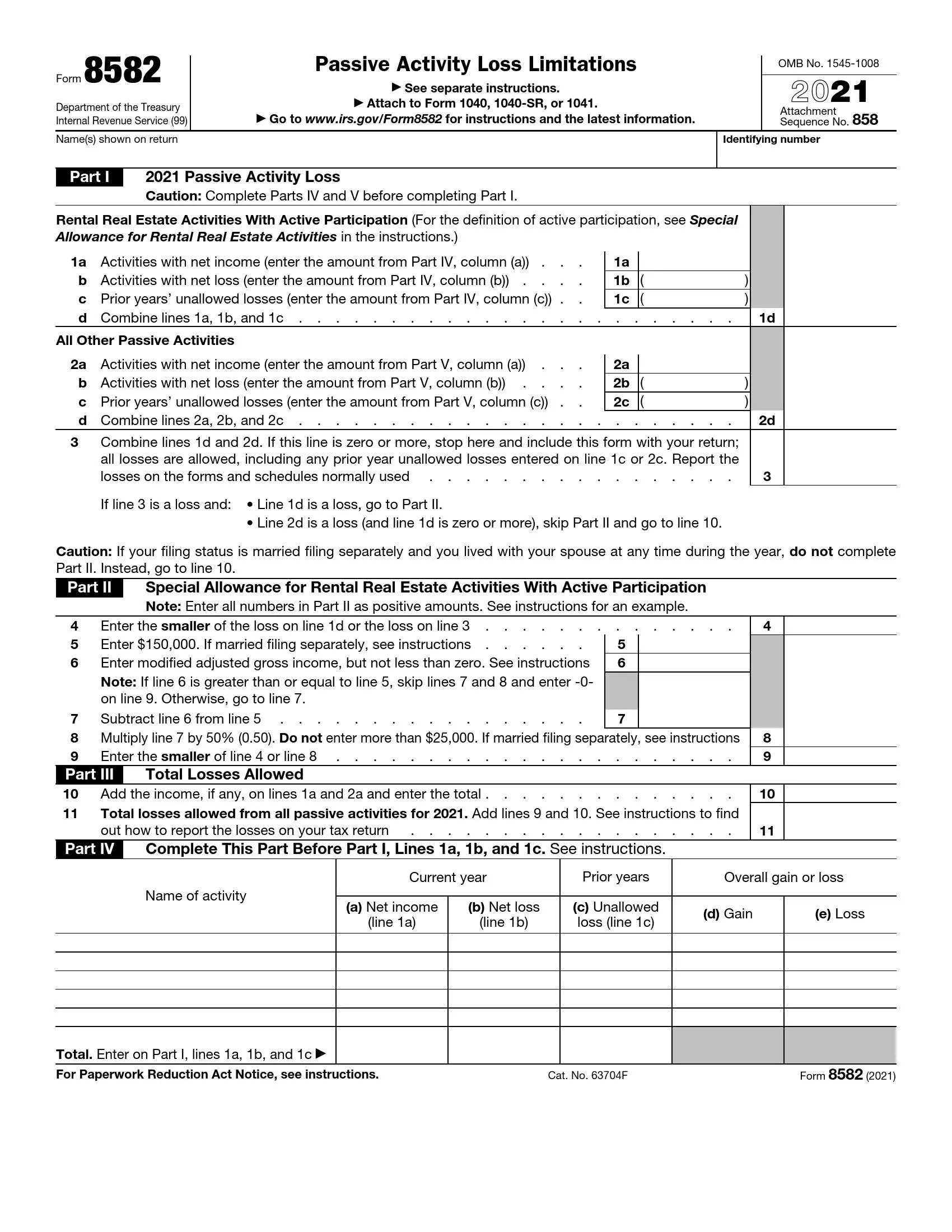 irs form 8582 2021 preview