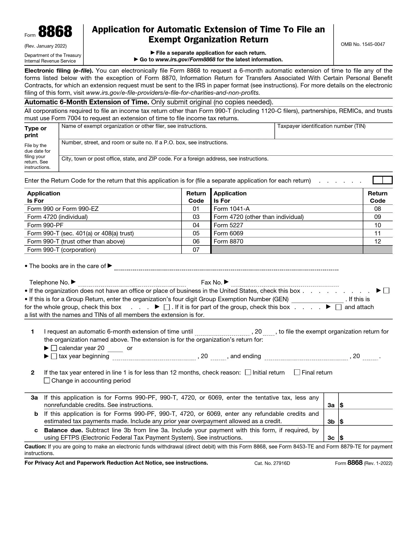 irs form 8868 rev 01 2022 preview