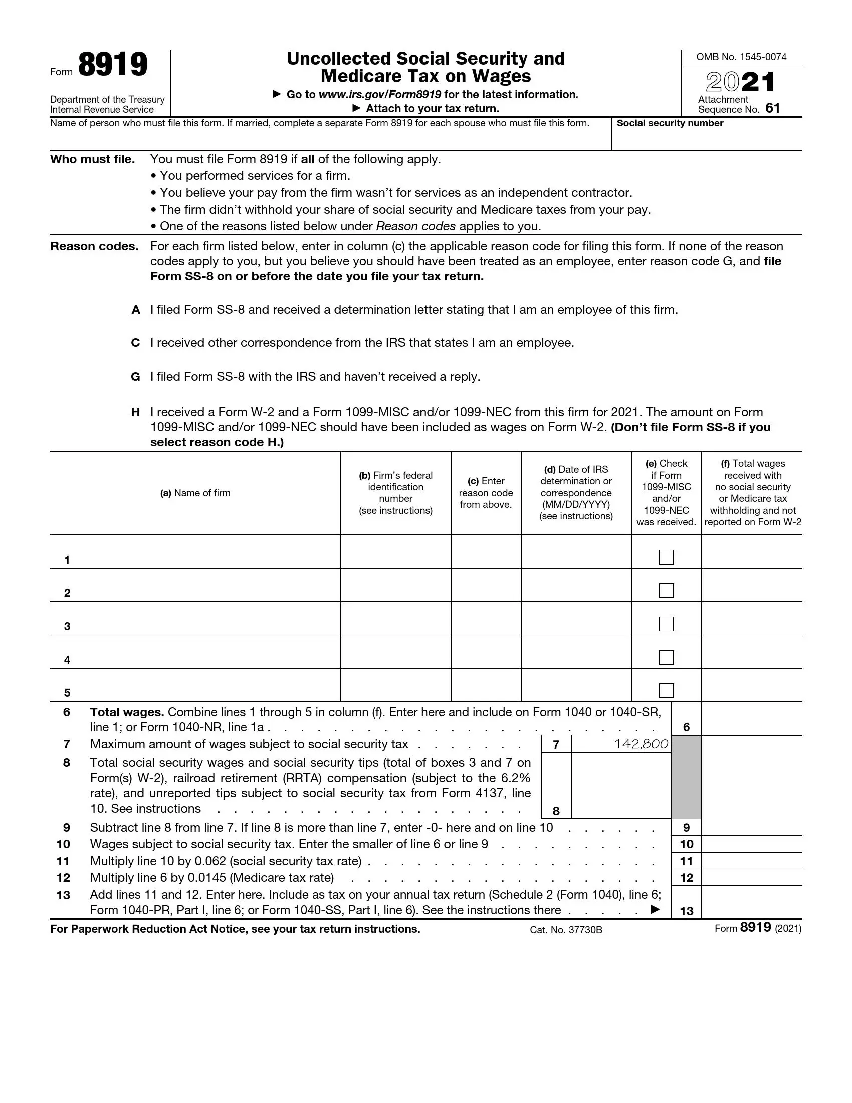 IRS Form 8919 Fill Out Printable PDF Forms Online