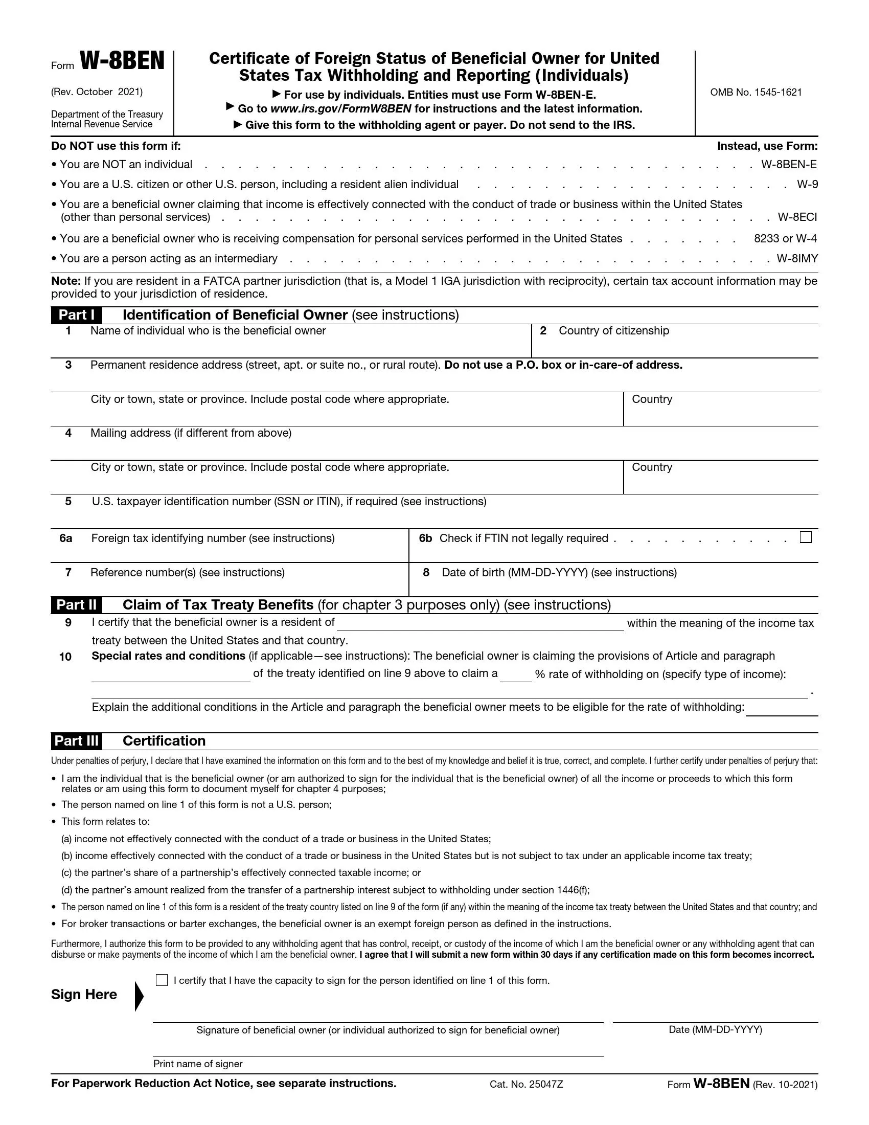irs form w-8ben rev 10 2021 preview