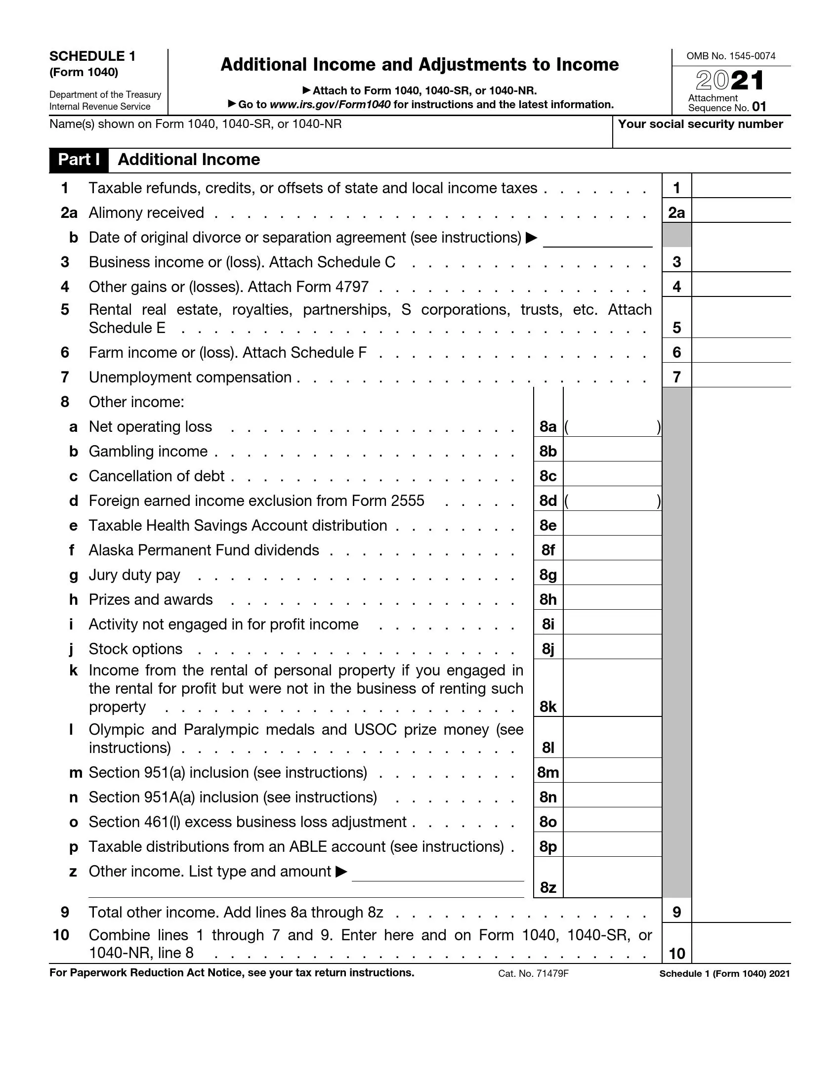 irs schedule 1 form 1040 or 1040 sr 2021 preview