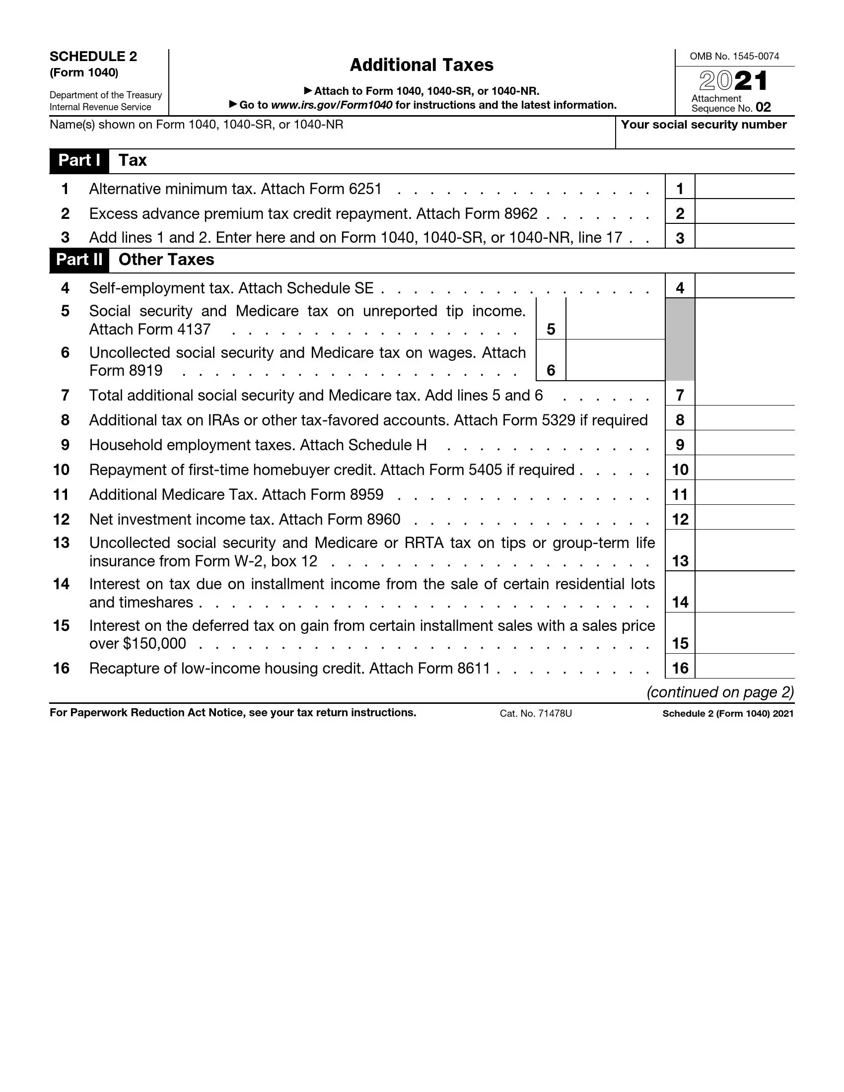 irs schedule 2 form 1040 or 1040-sr 2021 preview