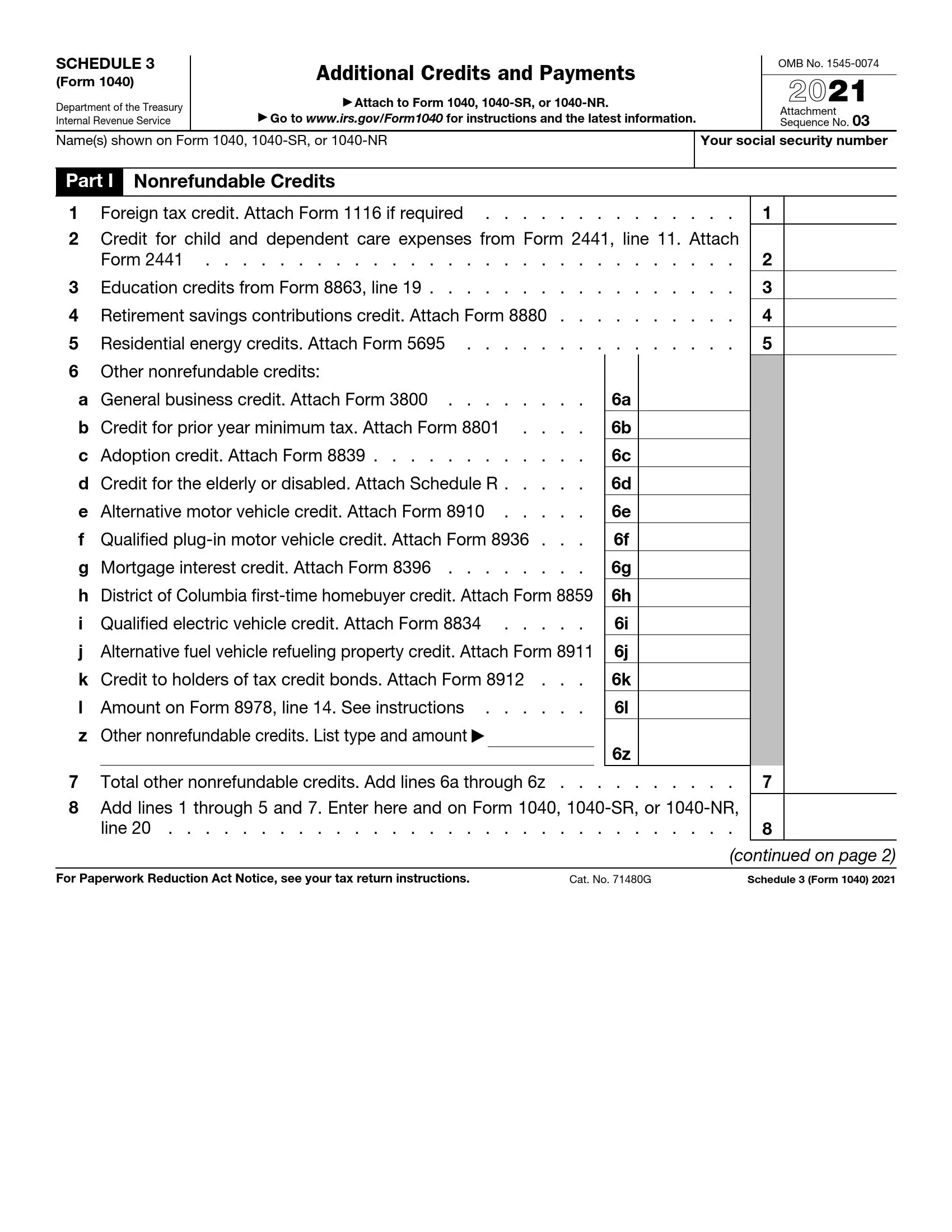 irs schedule 3 form 1040 or 1040 sr 2021 preview