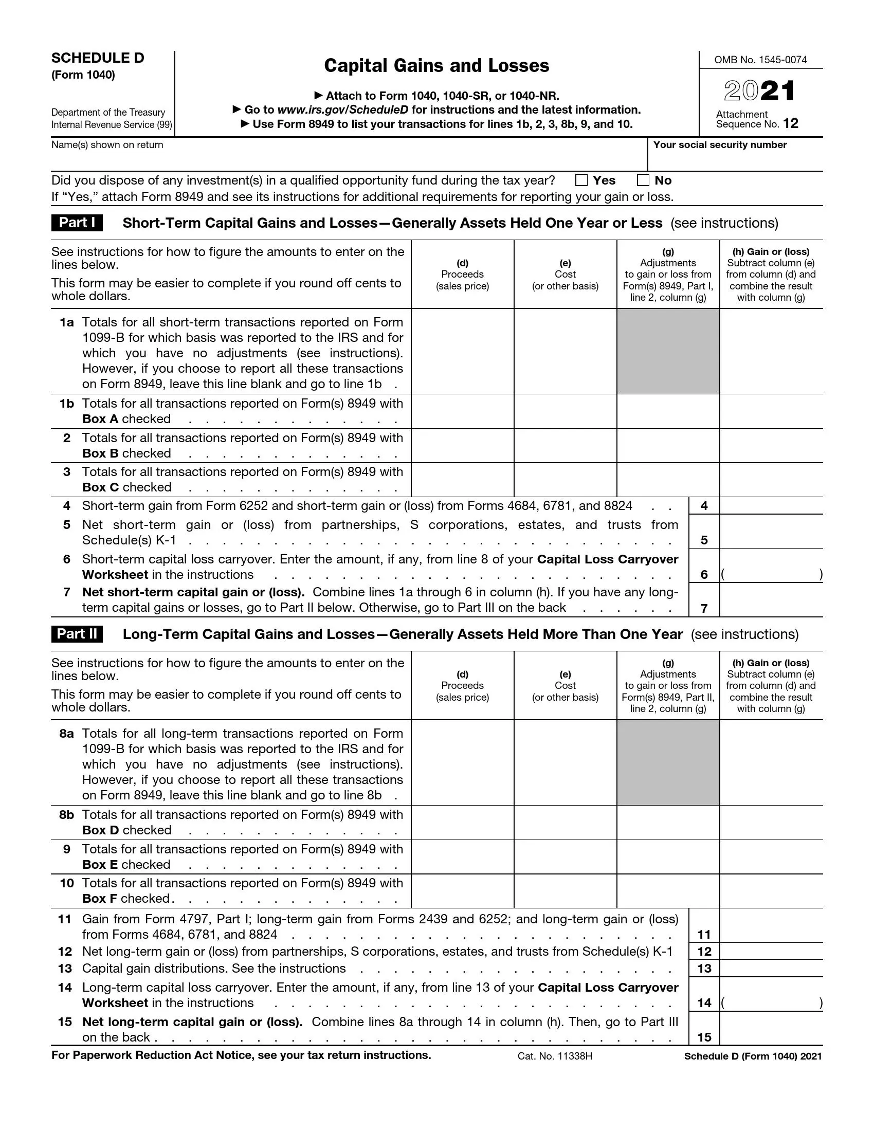 irs schedule d form 1040 or 1040-sr 2021 preview