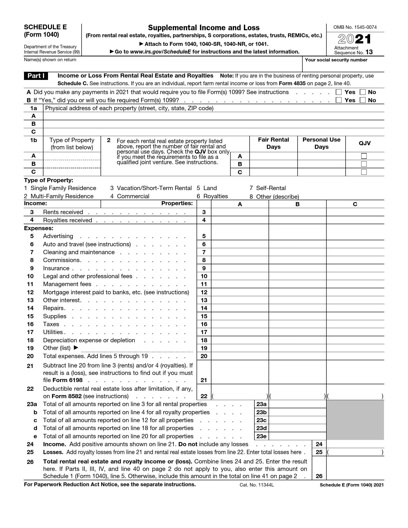 irs schedule e form 1040 2021 preview