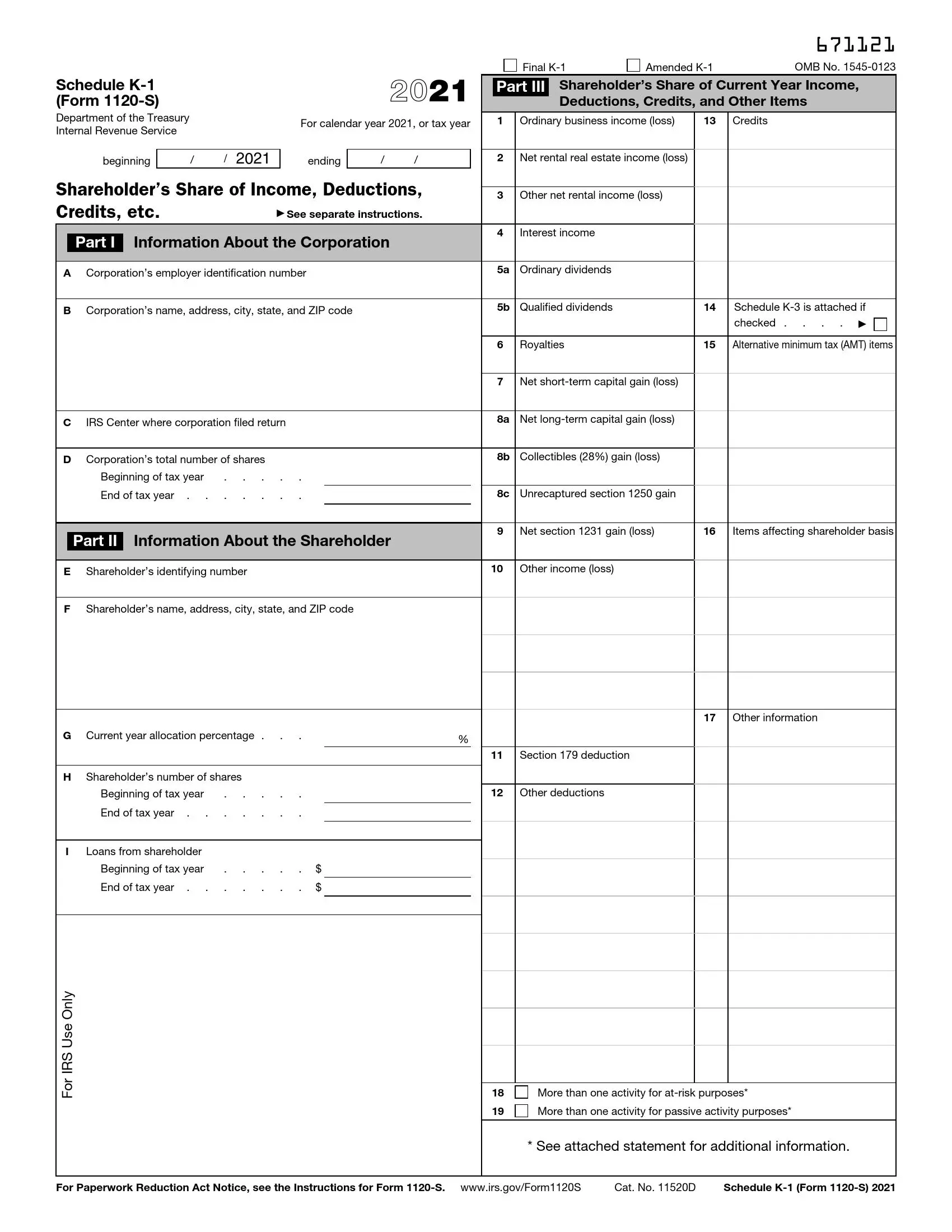 irs schedule k-1 form 1120-s 2021 preview