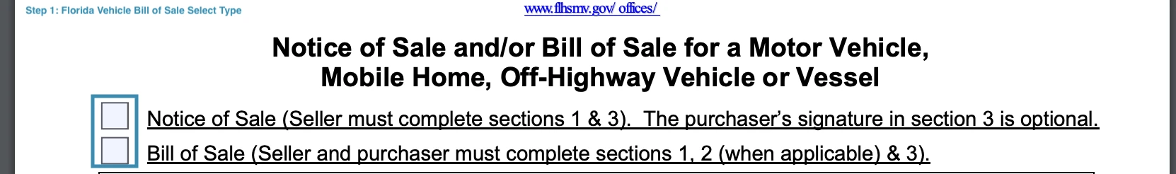 Section for selecting the type of vehicle bill of sale for Florida