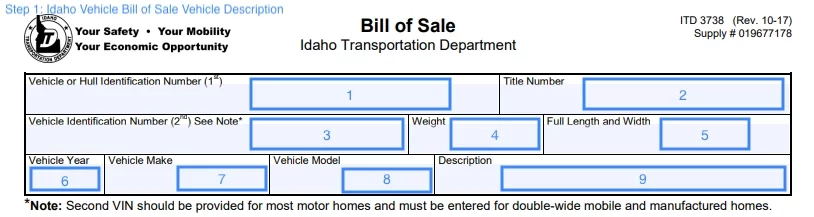 Vehicle details section of vehicle bill of sale for Idaho