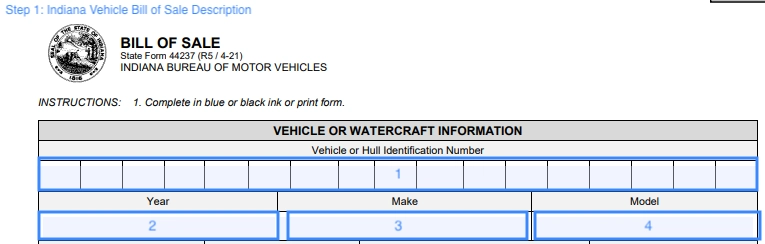 Part for specifying the vehicle description of car bill of sale for Indiana