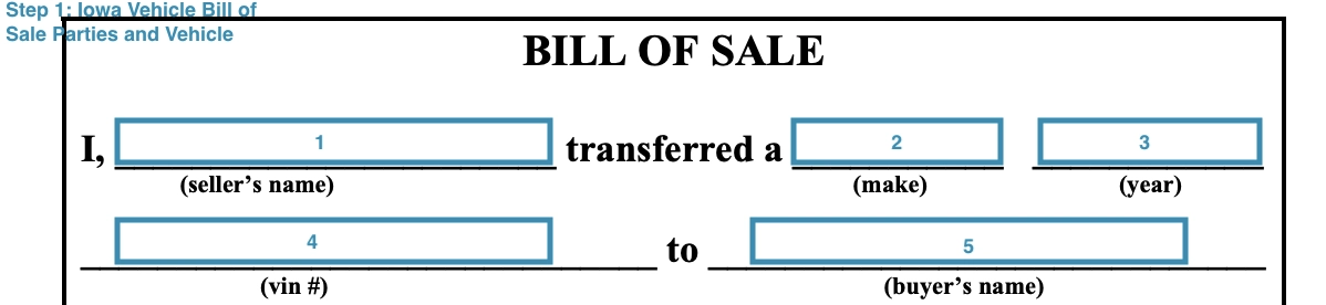 Section for filling out purchaser's, seller's, and vehicle's particulars of Iowa automobile bill of sale form